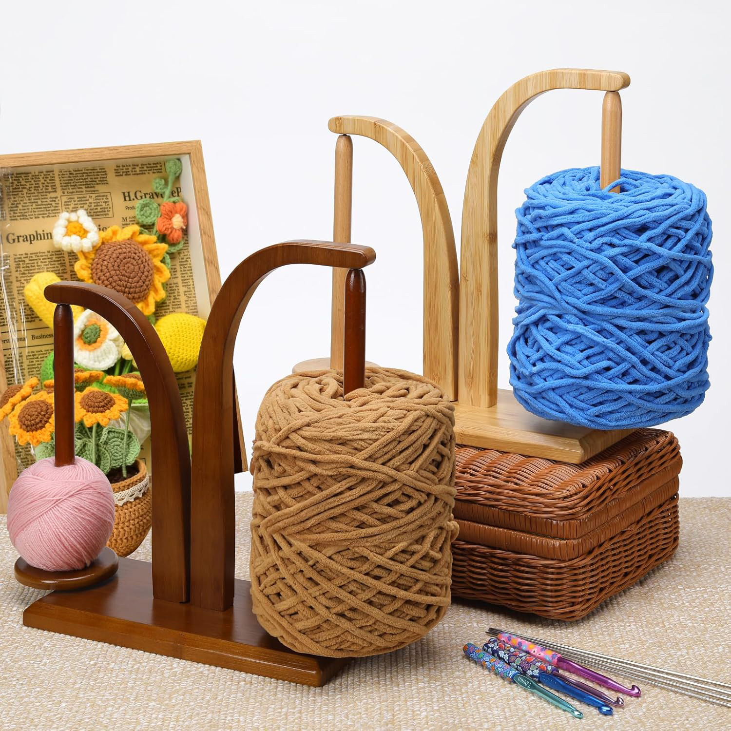 thumbnail video image 2 of Artowell Bamboo Yarn Holder with 2 Spindles, Tangle-Free Wooden Yarn Spinner for Knitting & Crochet, Walnut Color, 2 of 7