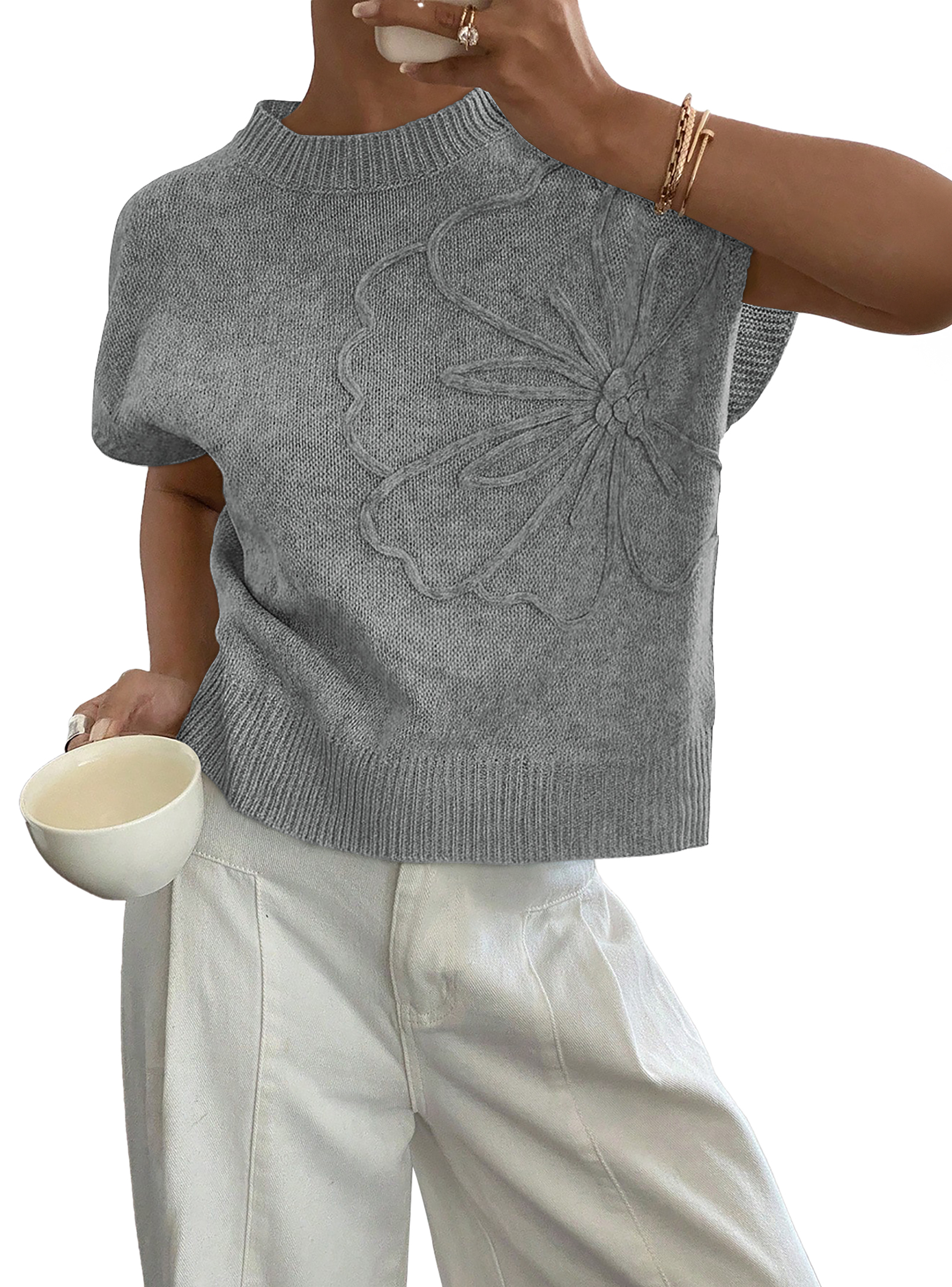 thumbnail video image 2 of SUNBS Short Sleeve Sweater Blouses for Women Crew Neck Shirts Loose 3D Floral Tops Knit Vest Trendy Fashion Clothing, 2 of 11
