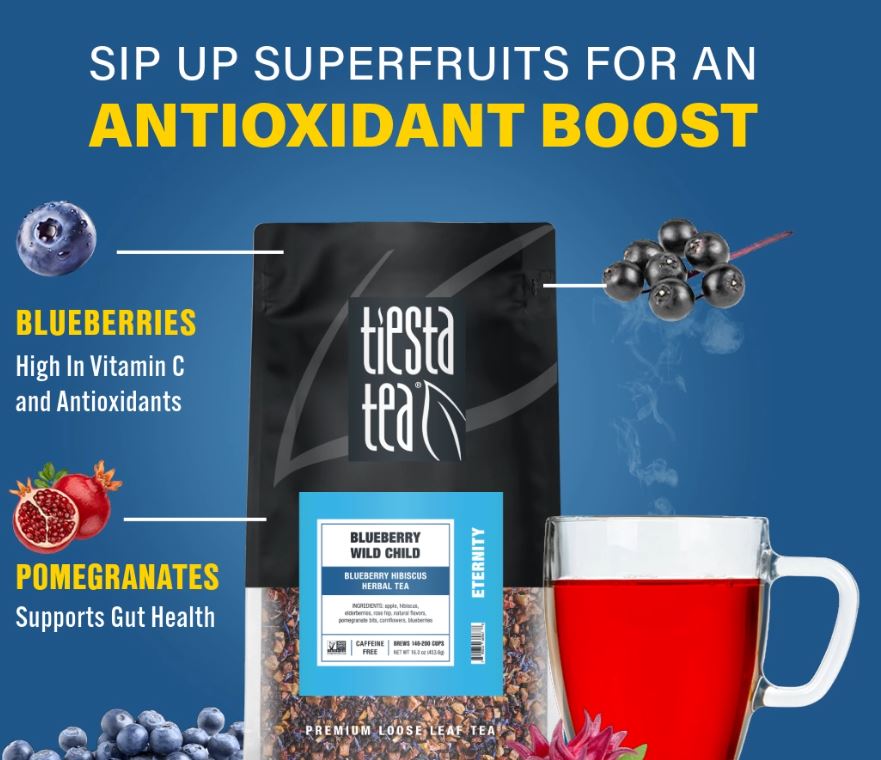 thumbnail video image 2 of Tiesta Tea - Blueberry Wild Child, Eternity Loose Leaf Fruit Tea, Caffeine Free, GMO-Free, Make Hot or Iced Tea & Brews Up to 200 Cups - 16 oz Resealable Bulk Pouch, 2 of 9