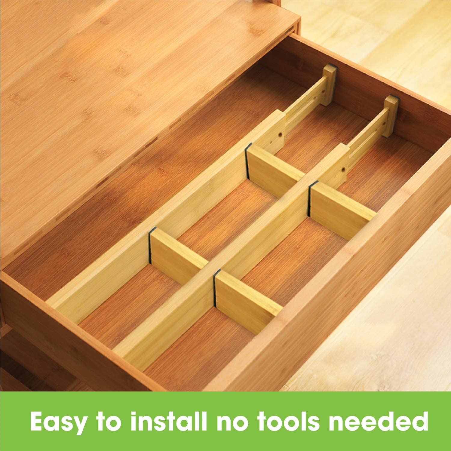 thumbnail video image 2 of ANTOWIN 10Pack Bamboo Drawer Dividers, Expandable Drawer Separators Splitter, 17-22 inches Adjustable Spring-loaded Organizer for Large Utensil, Clothes, Tools Drawers, 2 of 8