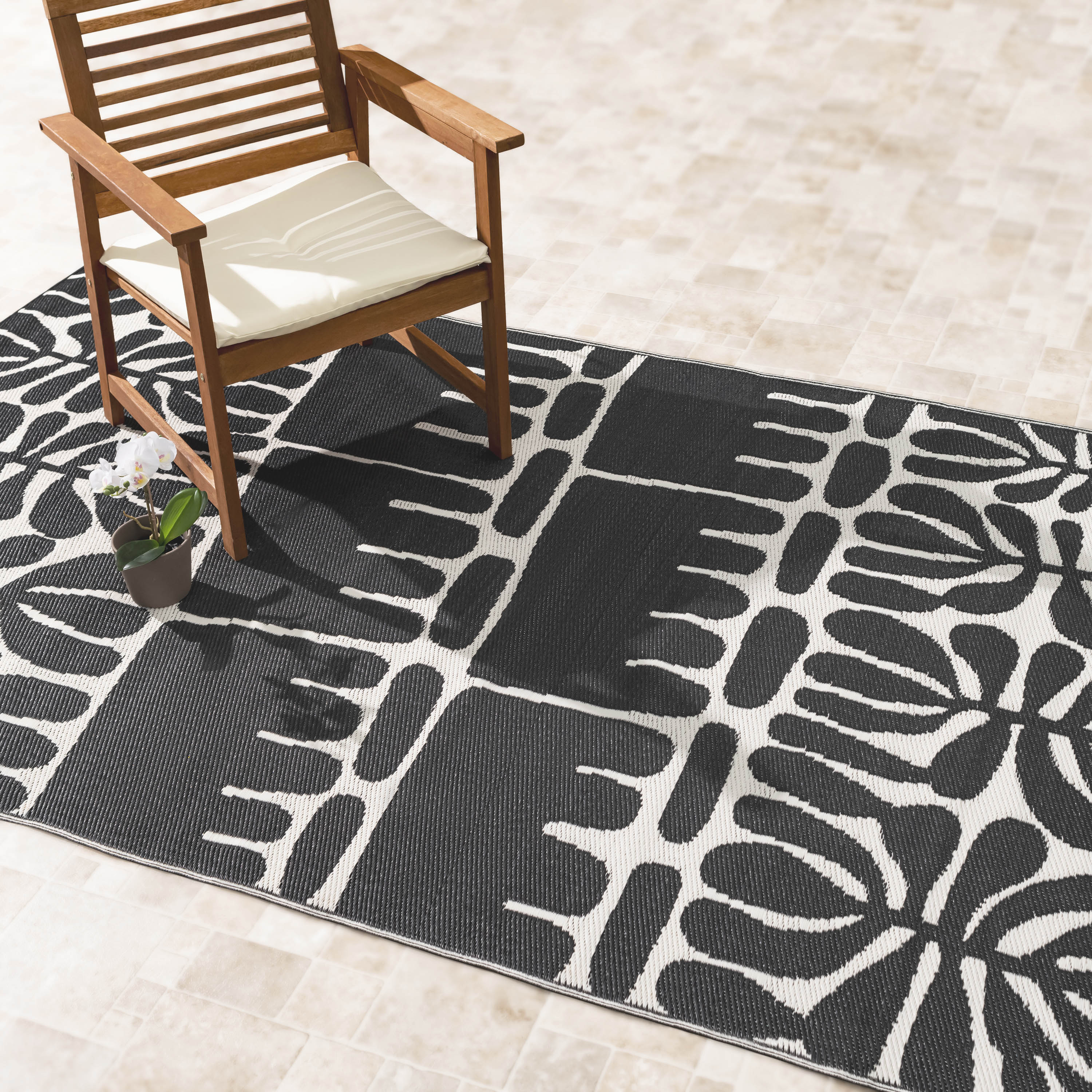 thumbnail video image 2 of Fab Habitat Outdoor Rug - Waterproof, Fade Resistant, Crease-Free - Premium Recycled Plastic - Tribal, Black & White - Patio, Deck, Porch, Balcony, Laundry Room - Serowe - Black - 4 x 6 ft, 2 of 12