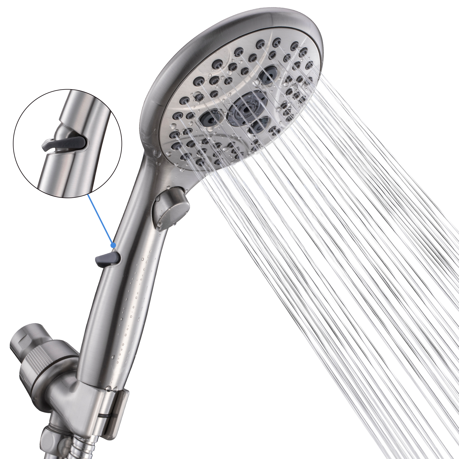 thumbnail video image 2 of VXV Bathroom Handheld Shower Head with on off Switch, 6 Spray Setting Removable High Pressure Showerheads with 6 FT Stainless steel Hose and Adjustable Angle Bracket(Brushed Nickel), 2 of 8
