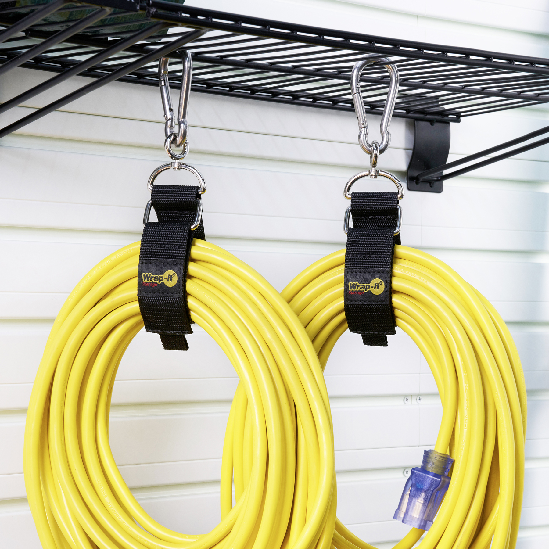 thumbnail video image 2 of Hook 'n Hang Wrap-It Storage Straps - 18" (3-Pack) Black - Carabiner Straps to use as an Extension Cord Holder with Hooks, 2 of 9