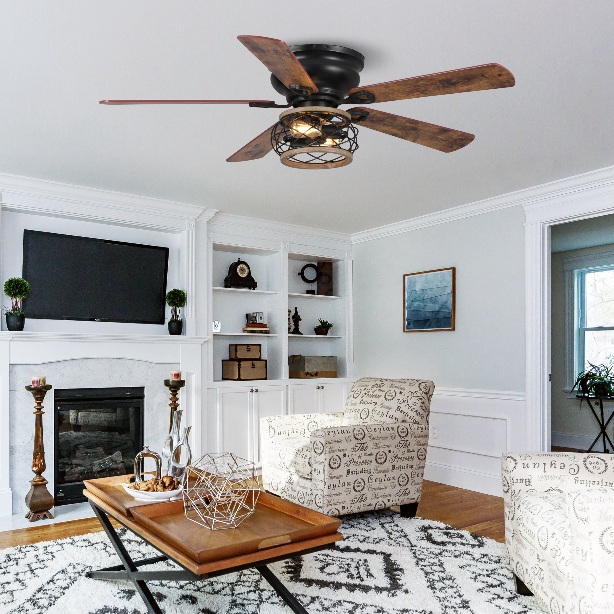 thumbnail video image 2 of Parrot Uncle Farmhouse 48-Inch Brown Ceiling Fan with Lights and Remote,  Low Profile Ceiling Fan with Light, 2 of 15