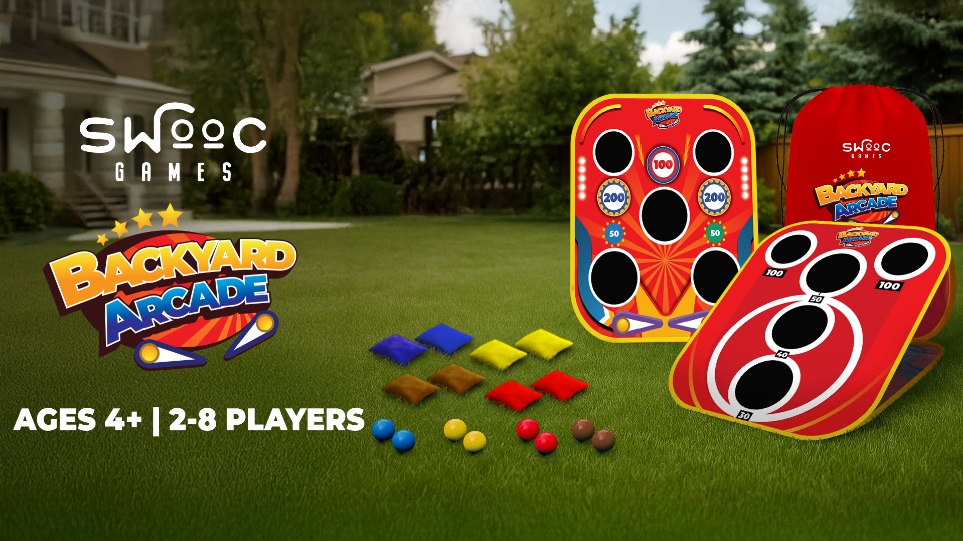 thumbnail video image 2 of Swooc Games® - Backyard Arcade™ | 2-in-1 Bean Bag Toss Game for Kids w/Carry Bag | 5-Second Setup & Storage | Outside Toys for Toddlers | Carnival Games for Kids | Outdoor Toddler Activities, 2 of 7