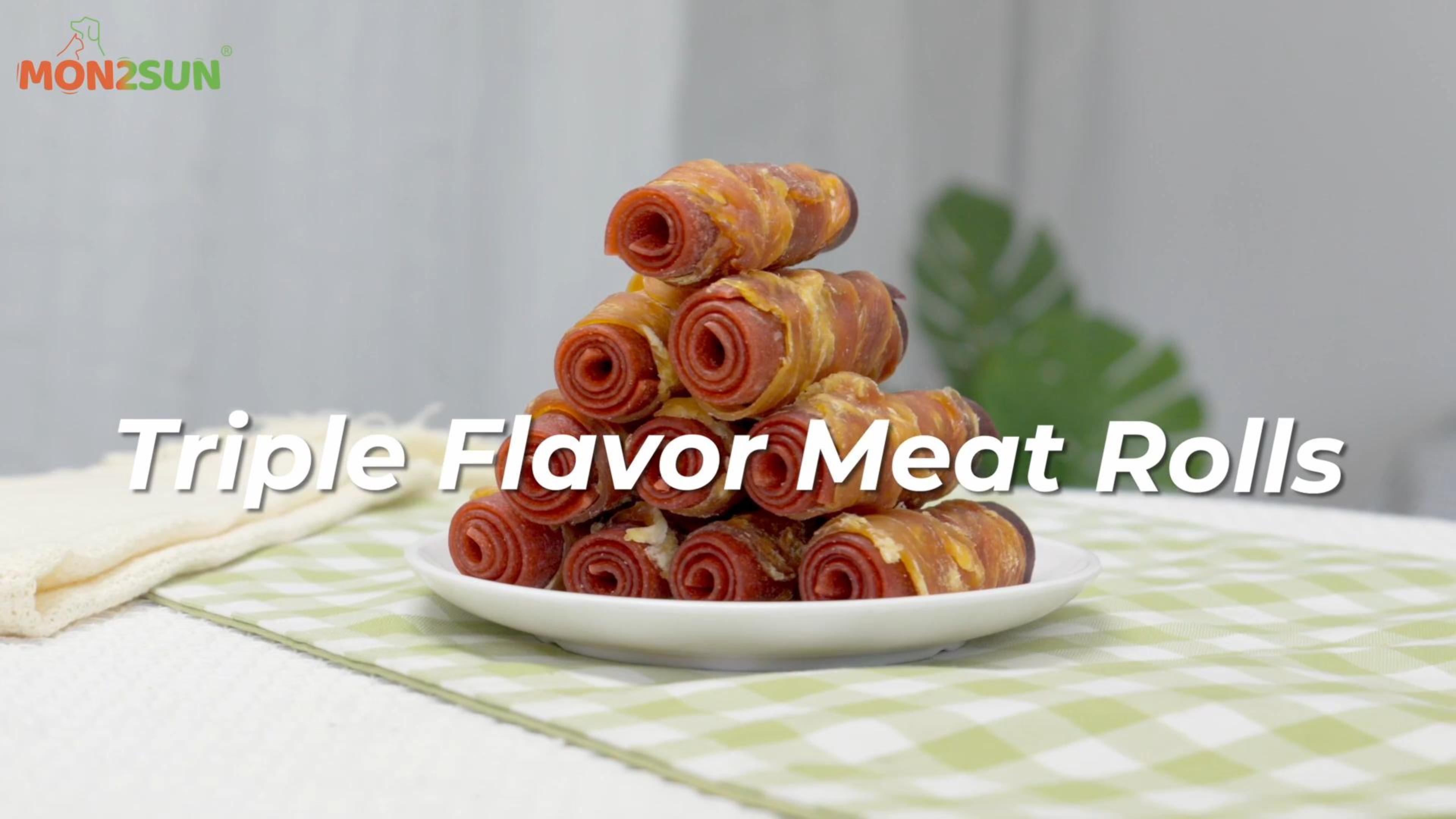 thumbnail video image 2 of MON2SUN Triple Meat Rolls Chicken Duck & Beef Flavor Dog Treats, 21.16 oz (16 Count), 2 of 9