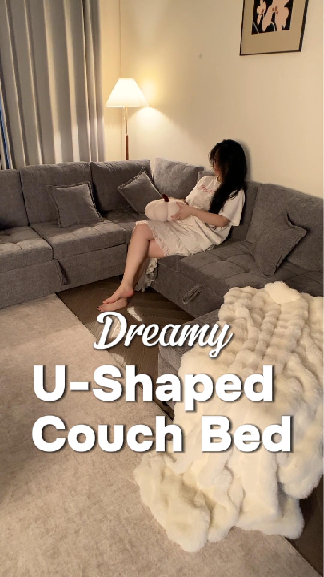 thumbnail video image 2 of LAKPS Sectional Sleeper Sofa with Pull Out Bed, U-Shaped Modular Sectional with Storage, Cloud Couch for Living Room, Family Room & Apartment, Grey (3-Box Shipped), 2 of 9