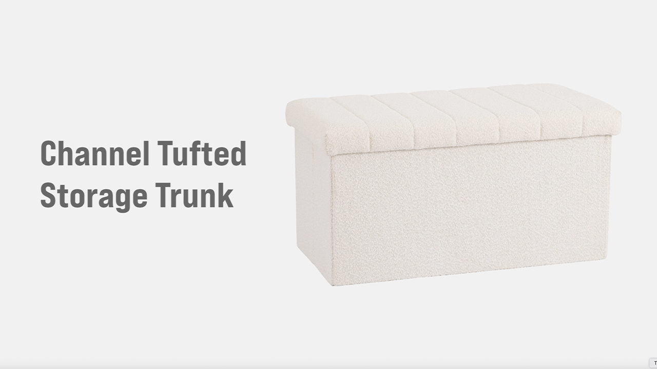 thumbnail video image 2 of Seville Classics Cushioned Fabric Ottoman Hidden Storage Chest Footrest Chair, Padded Seat for Bedroom, Dorm, Loft, Living Room, Entryway, Hallway, White Boucle, 30" Bench, 2 of 8