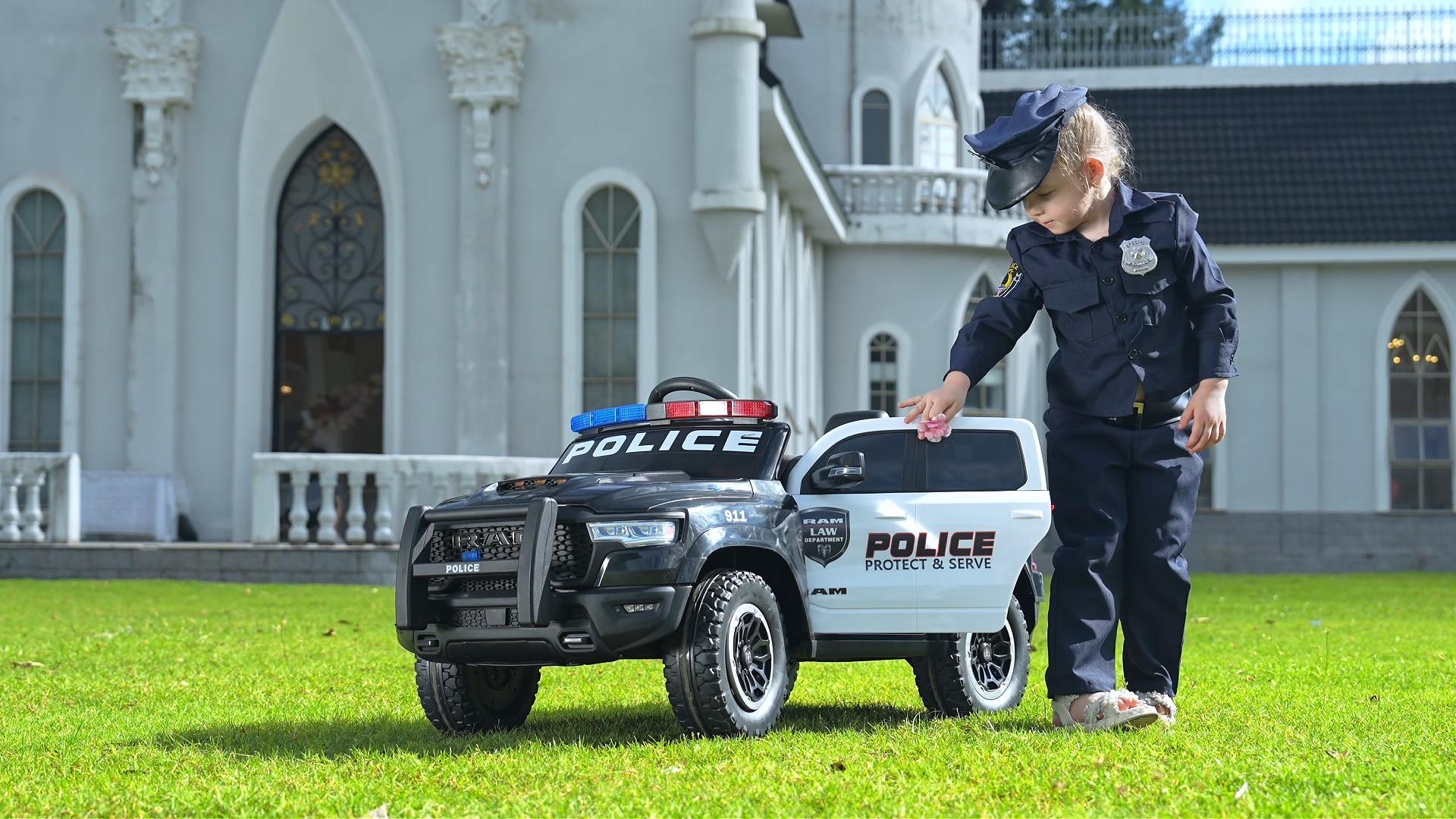 thumbnail video image 2 of RAM 1500 Ride on Truck Cars, 12V Powered Ride on Toys with Remote Control, 4 Wheel Suspension Electric Cars for 3-5 Yrs Boy Girl W/Key Switch, Safety Belt, Music, Bluetooth, LED, Black Police Truck, 2 of 10