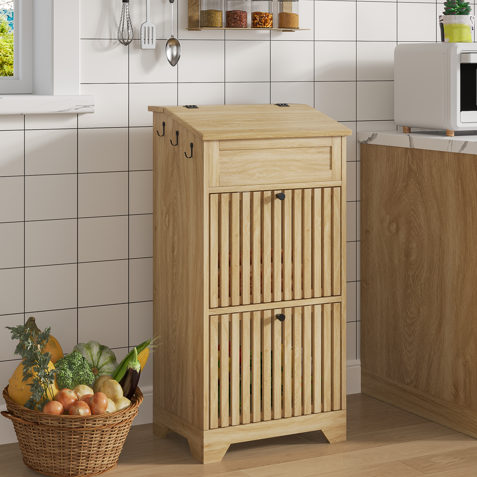 thumbnail video image 2 of Onion and Potato Storage Bin Box Kitchen Pantry Cabinet for Fruits Snacks Wooden Bread Box Wood, 2 of 9