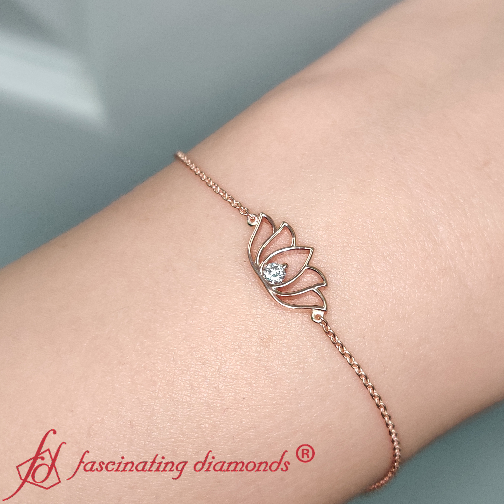 thumbnail video image 2 of 0.05 Carat Lab Grown Round Cut Diamond Cute Lotus Chain Bracelet For Women- Fascinating Diamonds, 2 of 6