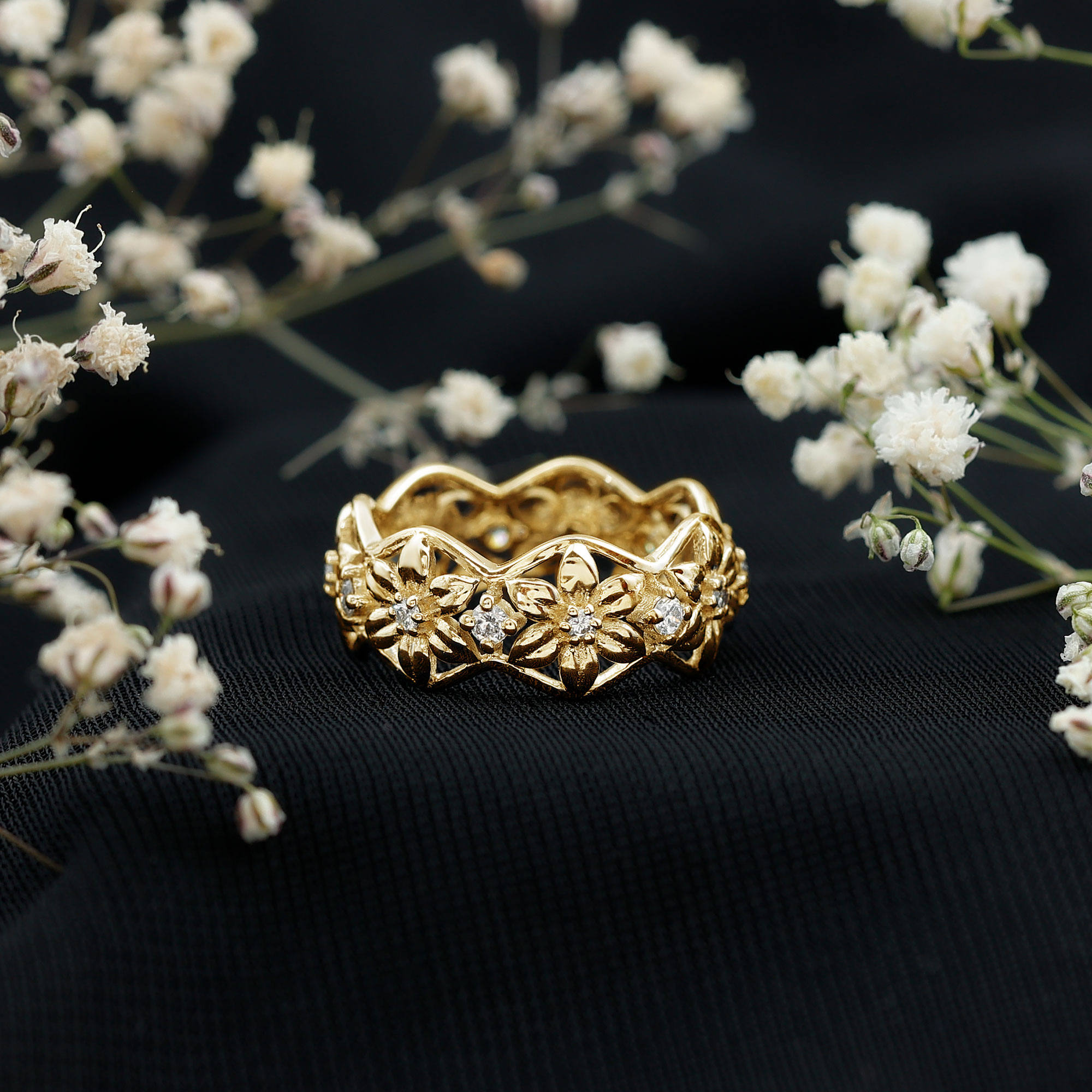 thumbnail video image 2 of Rosec Jewels Real Diamond Flower Wedding Band for Women - Nature Inspired Wedding Ring - HI-SI Quality - with Jewelry Box, 10K Yellow Gold, US 8.50, 2 of 9