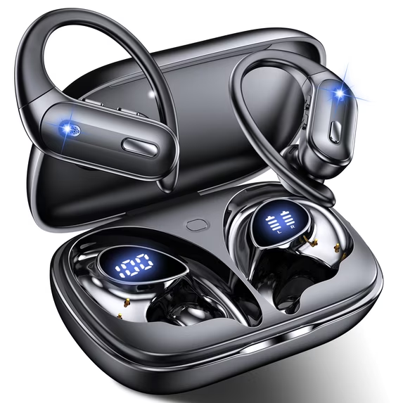thumbnail video image 2 of VEAT00L Active Noise Cancelling Ear Buds Wireless Earbuds 75H Playtime Bluetooth Headphones with LED Display Case, Deep Bass Fitness Earphones Gym Running Workout, IP7 Over Earbuds with Earhook, 2 of 10
