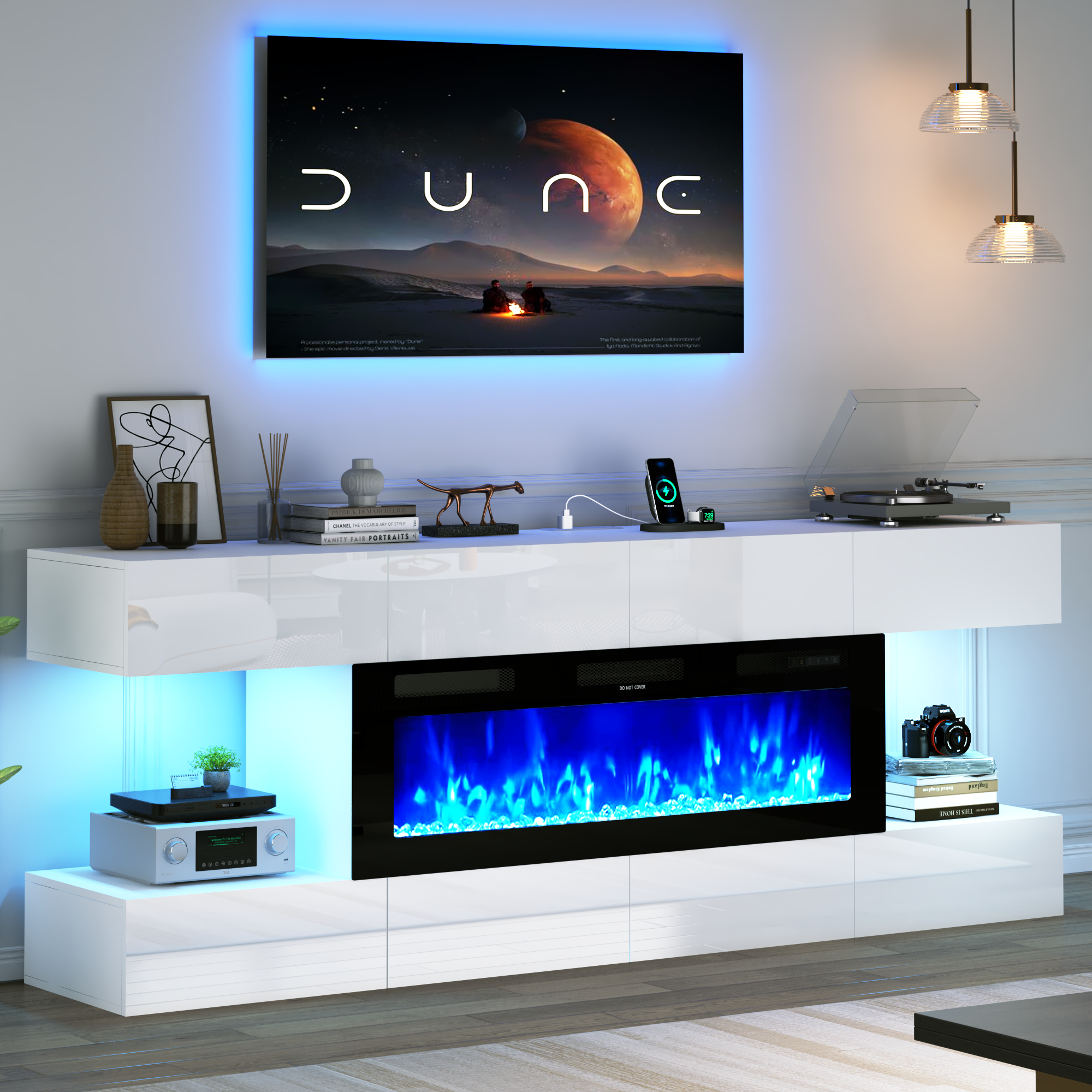 thumbnail video image 2 of Blotout 82'' Fireplace TV Stand for 85/90''TV with 50'' Fireplace, LED Modern High Gloss Entertainment Center with Power Outlet, TV Console Table with 8 Handleless Storage Drawers, White, 2 of 9