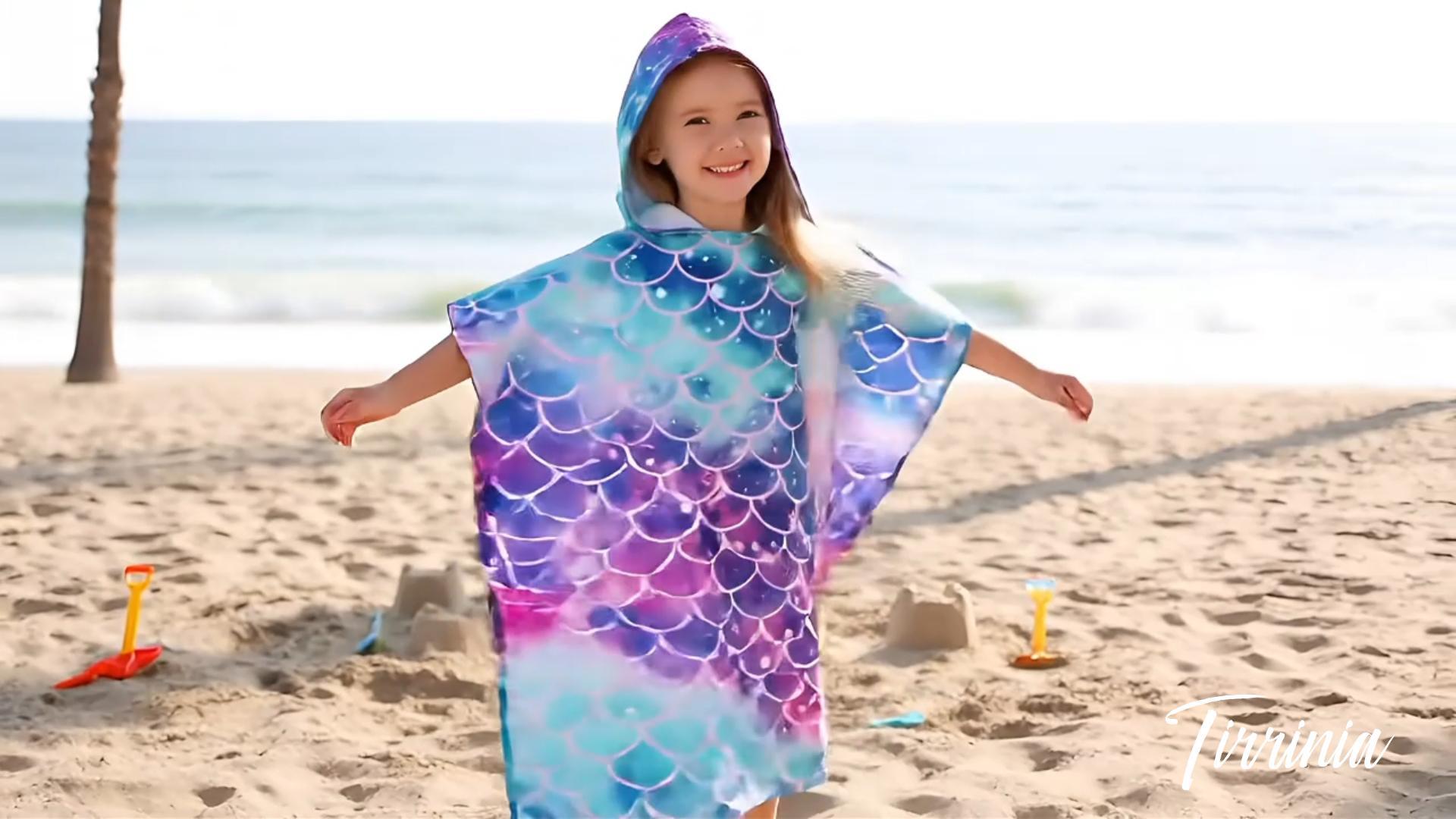 thumbnail video image 2 of Cute Child Cotton Hooded Poncho Towels Mermaid Cartoon Changing Robe Swimmer Outdoor Beach 23” x 52” By Tirrinia, 2 of 8