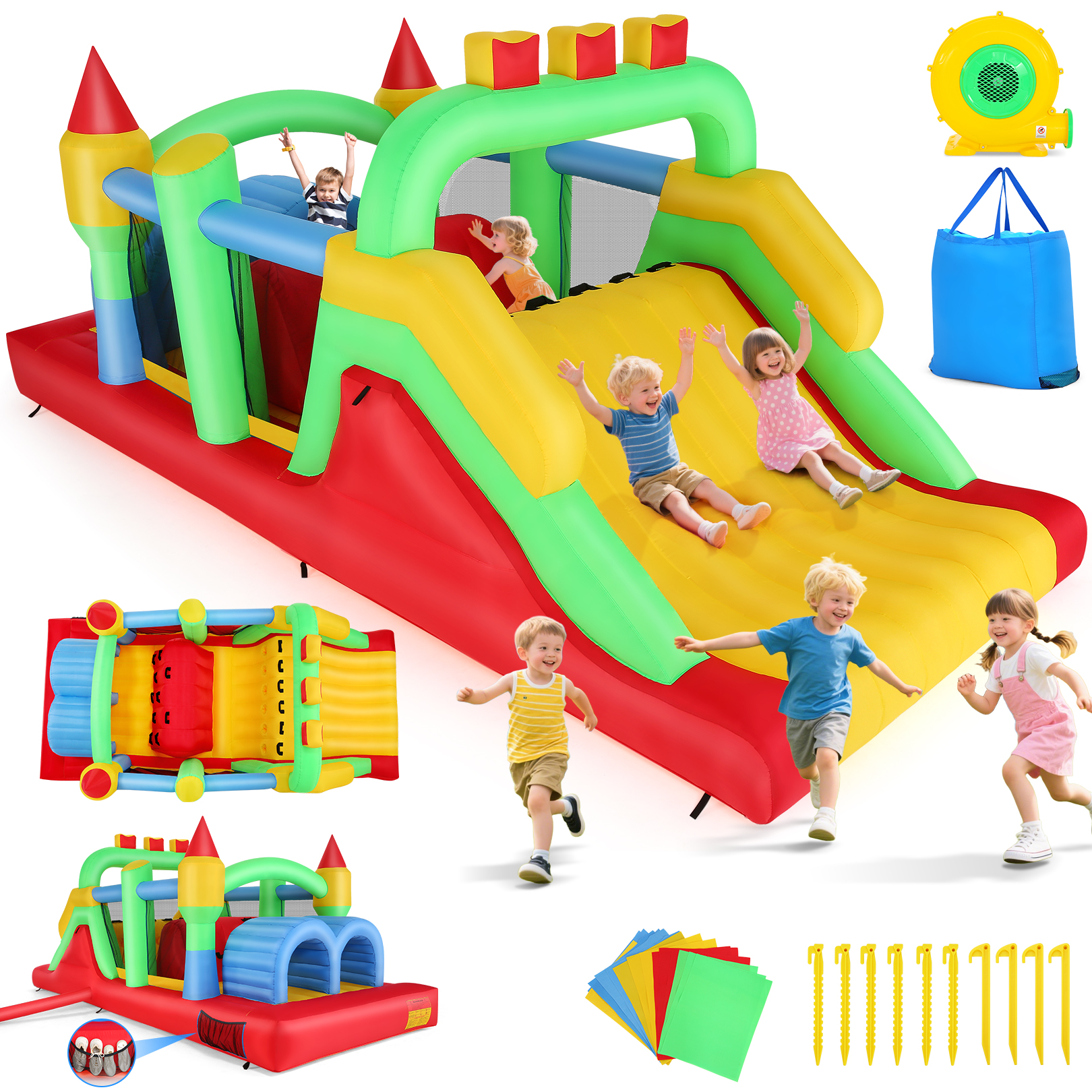 thumbnail video image 2 of Adnoom Inflatable Bounce House with Obstacle Course, Climbing Wall, Dual Tunnel, Bounce House and Large Slide, Kid Bounce Castle for 2~3 Chlidren, Jumping Castle with 680W Blower, Indoor & Outdoor, 2 of 12
