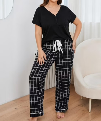 thumbnail video image 2 of Plus Size Sleepwear for Women Pajama Set 2 Piece Short Sleeve Tee and Long Pants Soft Oversize Loungewear, 2 of 8