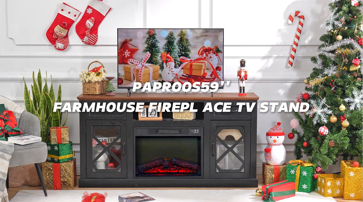 thumbnail video image 2 of PAPROOS Fireplace TV Stand for 65 Inch TV, Modern Farmhouse TV Cabinet with 23'' Electric Fireplace, Entertainment Center Television Console Table for Living Room, Brown, 2 of 9