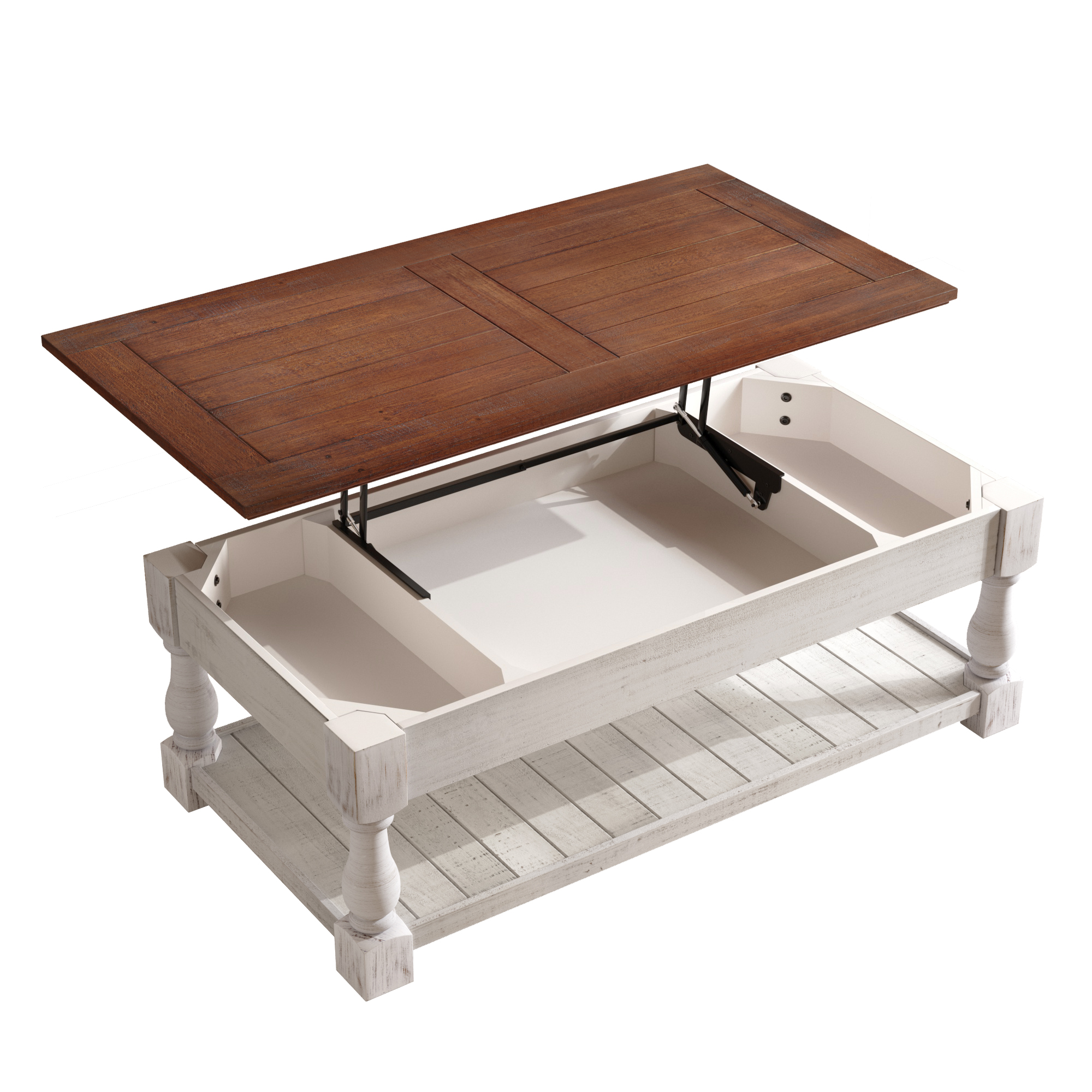 thumbnail video image 2 of Atumcto Retro Lift-Top Coffee Table with Hidden Storage and Lower Shelf for Living Room, Espresso & Weathered White, 2 of 11