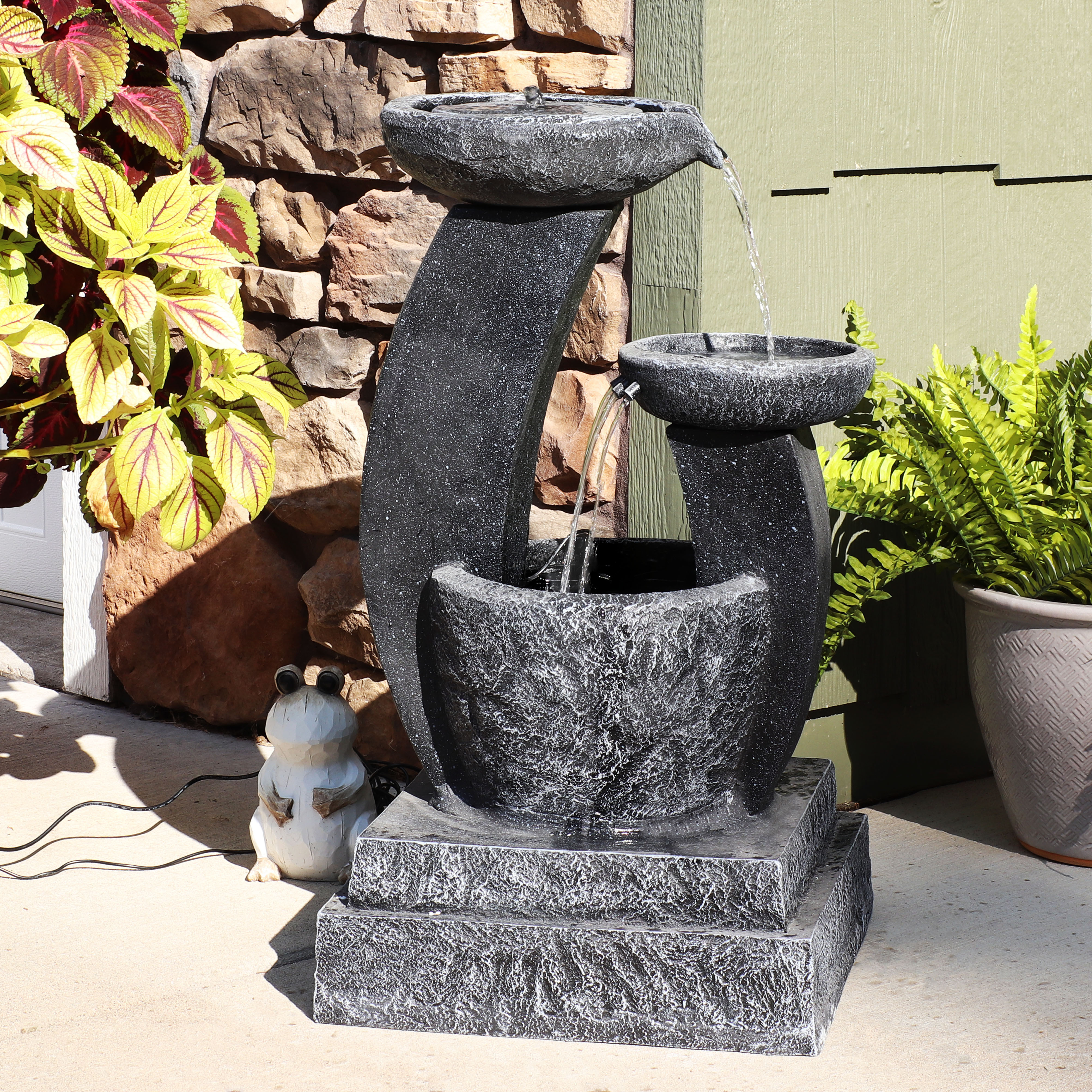 thumbnail video image 2 of Sunnydaze Cascading Bowls Modern Black Polyresin Solar Water Fountain with Battery, 2 of 11