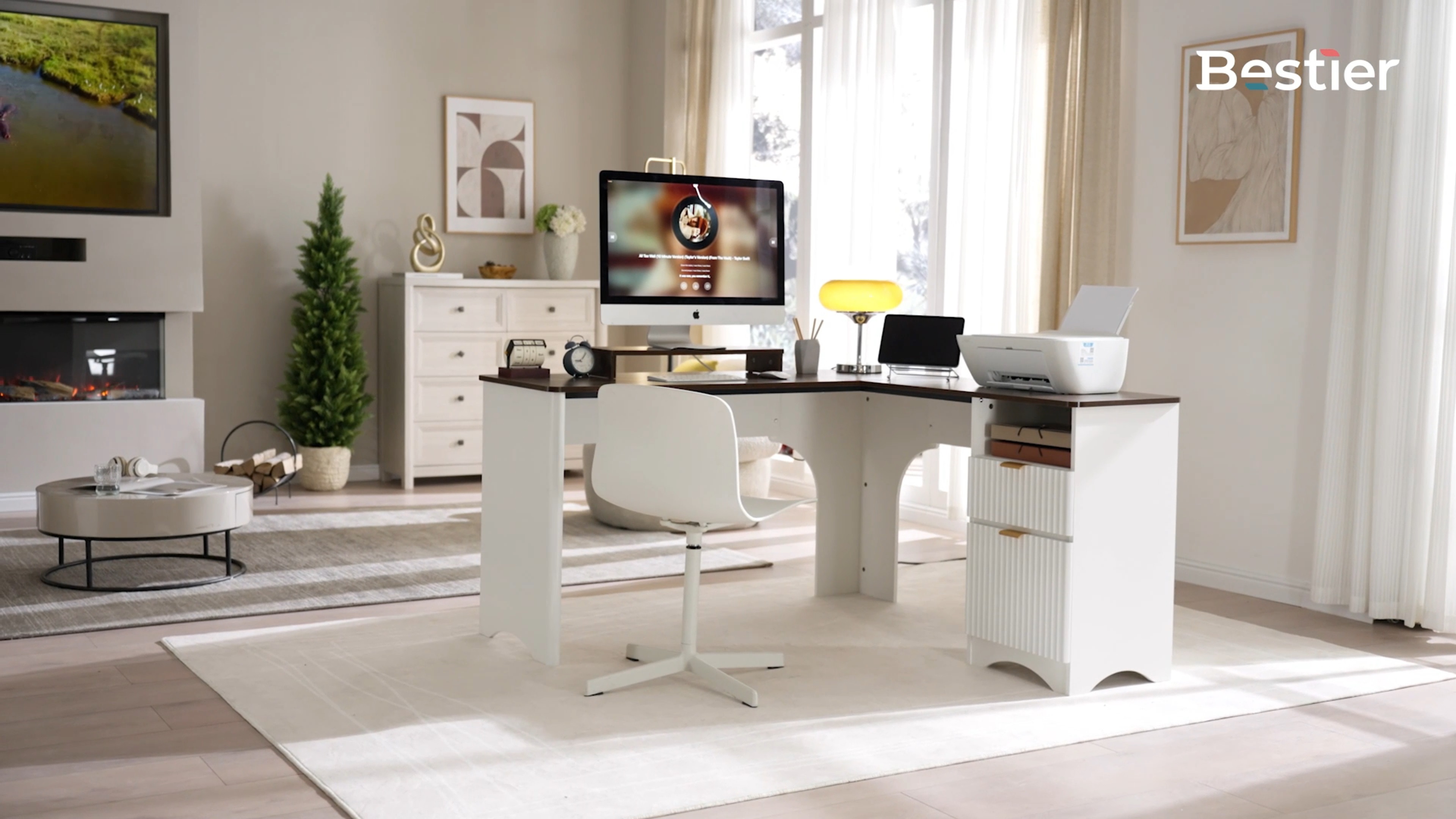 thumbnail video image 2 of Bestier L Shaped Desk with Drawers, 55.7" x 55" Office Computer Desk with Round Corners, Monitor Stand & Fluted Panels, White & Walnut, 2 of 14