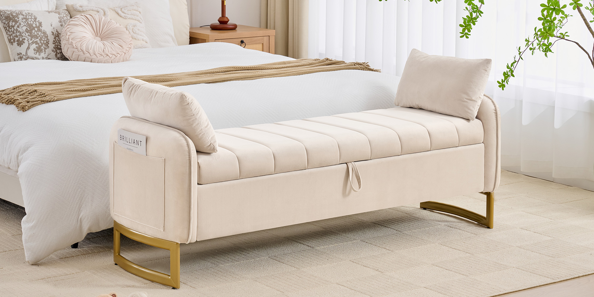 thumbnail video image 2 of BaseBeauty 66" Storage Bench for Bedroom, End of Bed Bench with Gold Legs, Black Bench for Bedroom with 2 Pillows, Velvet, 2 of 11