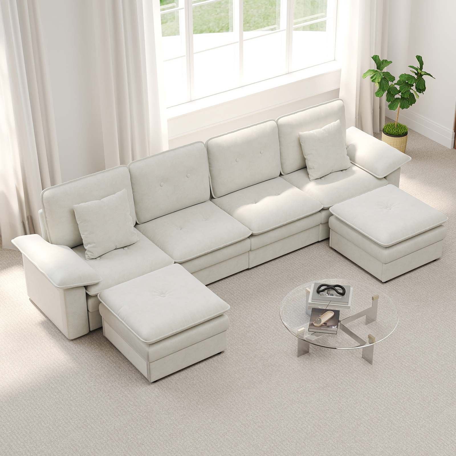 thumbnail video image 2 of Kinbor 117" U-Shaped 6-Seater Modular Sectional Sofa Couch with Ottoman Convertible Design for Family, Beige, 2 of 10