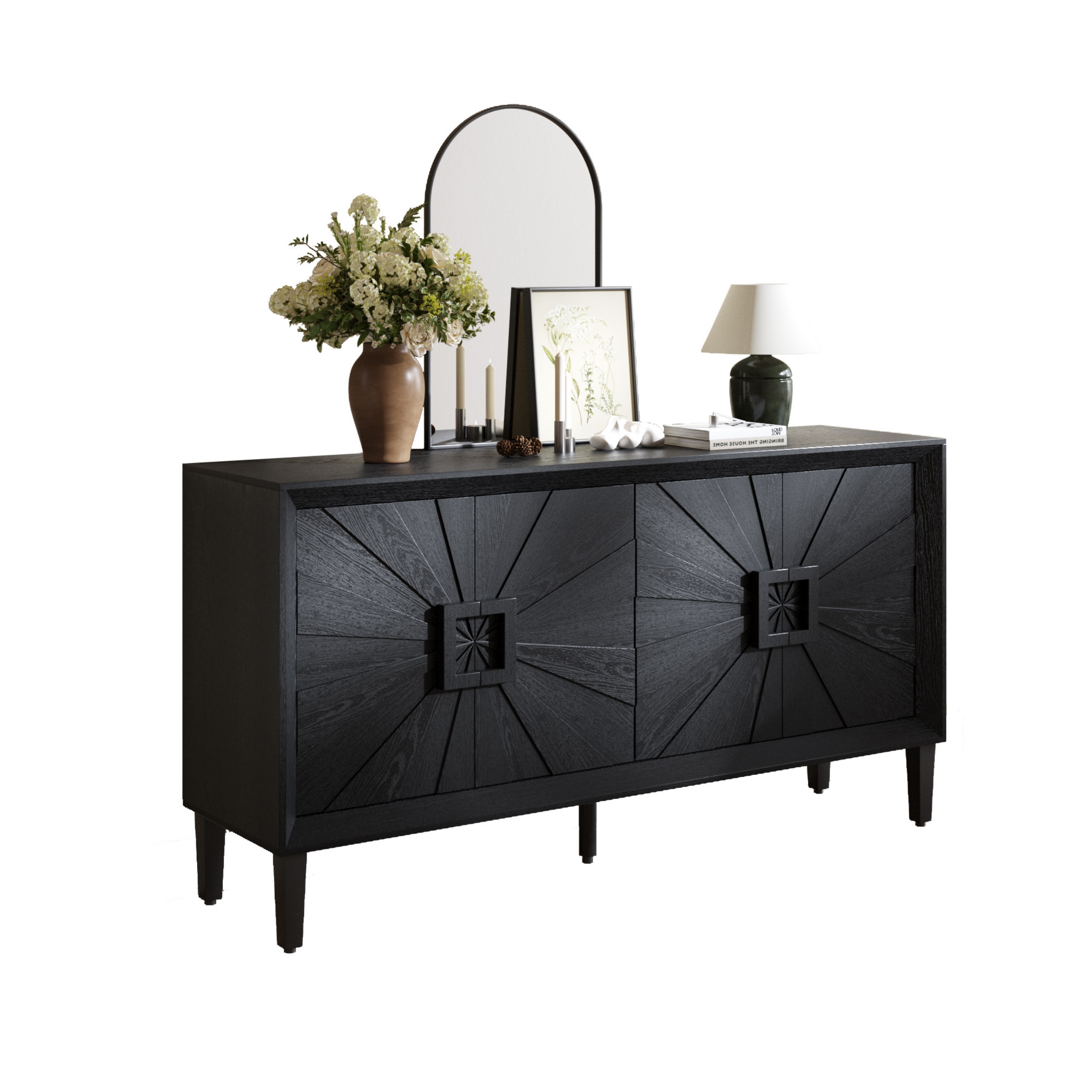 thumbnail video image 2 of Atumcto 60" Buffet Sideboard Cabinet with Sunburst Doors, Black Credenza Storage Cabinet with Adjustable Shelves for Dining Room, 2 of 15