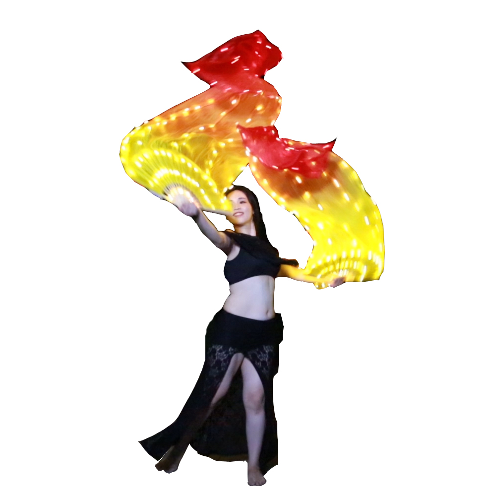 thumbnail video image 2 of Silk Belly Dance LED Fans Veil - 1.8m Long Bamboo Fans Veil Hand Made LED Silk Fans,Yellow to Red, 2 of 9