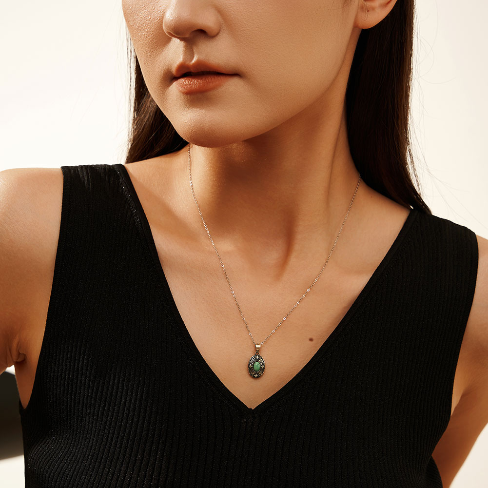 thumbnail video image 2 of 925 Sterling Silver Turquoise Pendant Necklace for Women, Oxidized Silver Vintage Oval Charm Jewelry, Southwestern Boho Style Handmade Necklace, Birthday Anniversary Christmas Gift for Her, 2 of 9