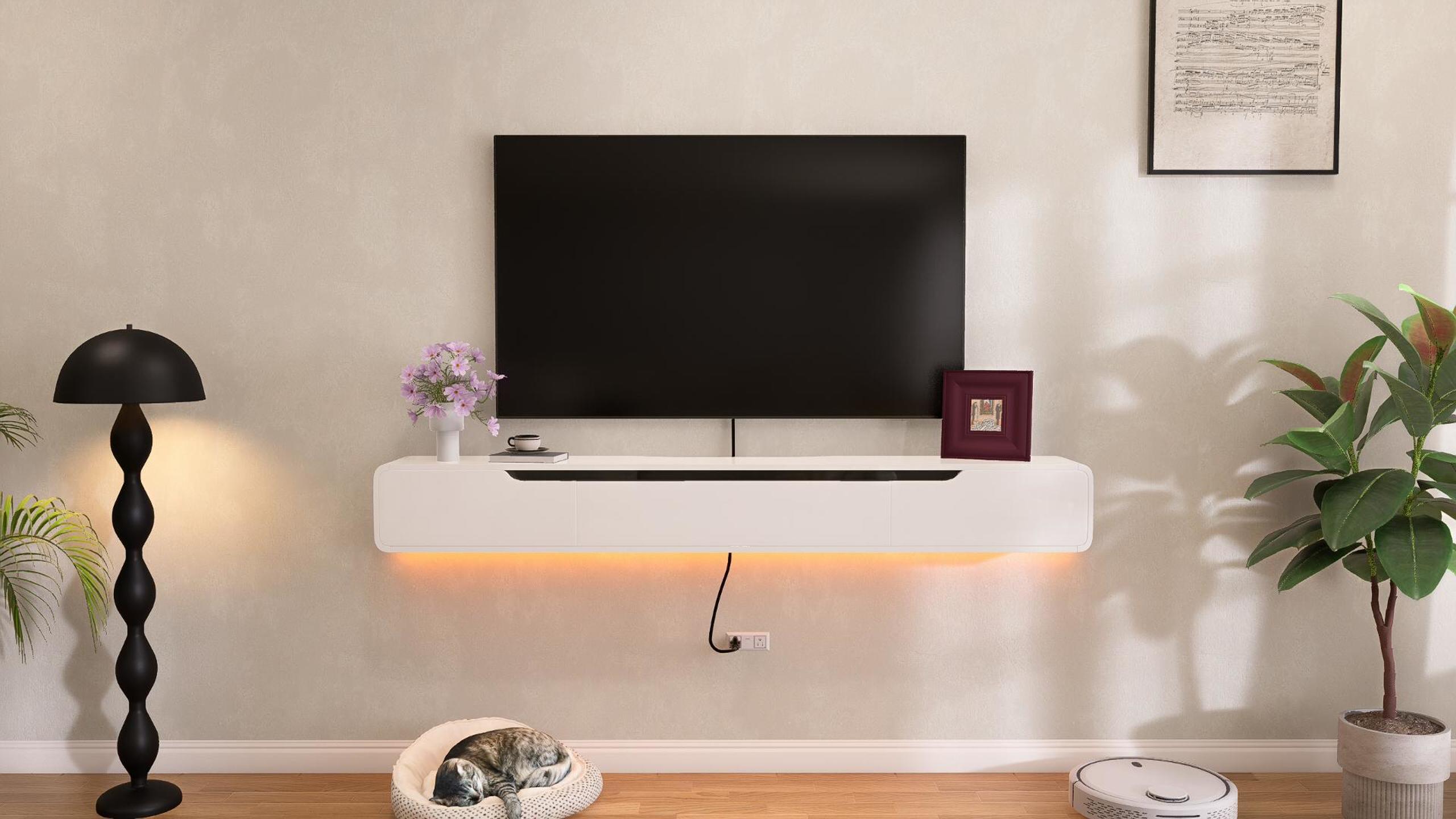 thumbnail video image 2 of FloatiCasa 47-Inch Floating TV Stand High Gloss Wall Mounted Fully Assembled Entertainment Center for TVs up to 50", 2 of 16