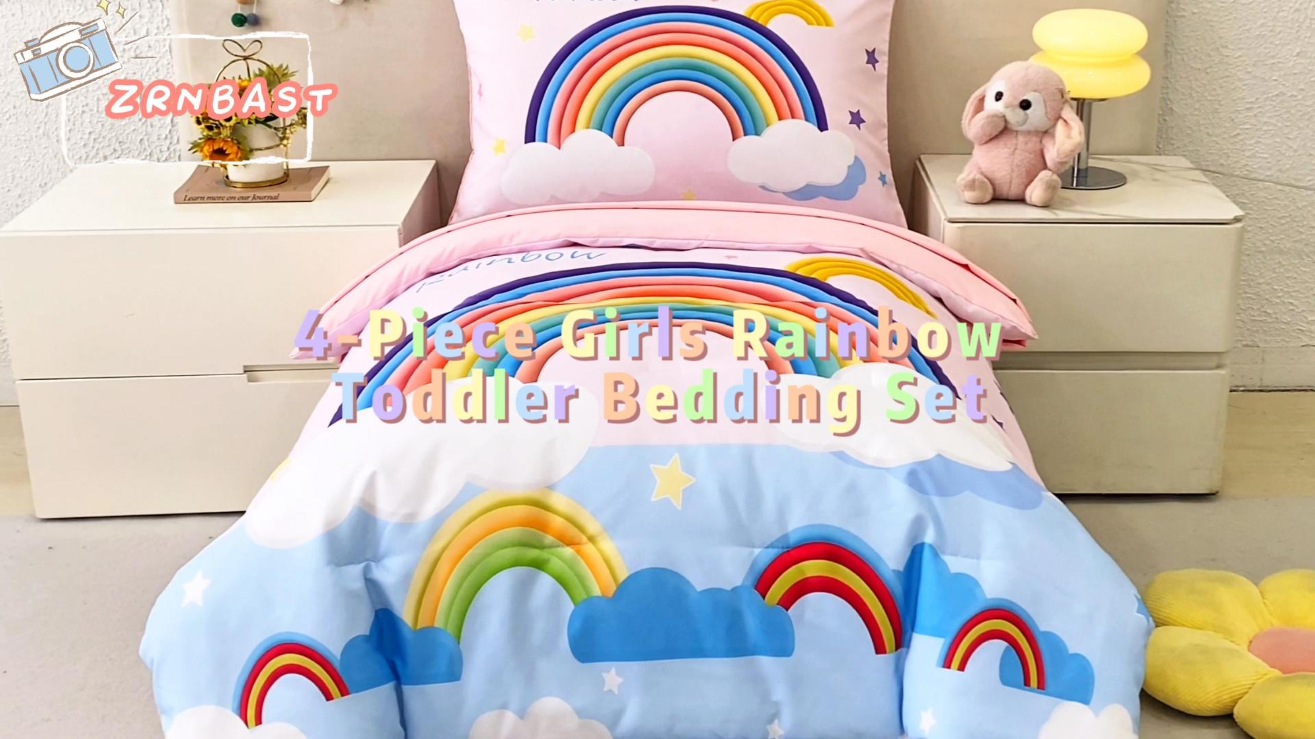 thumbnail video image 2 of ZRNBAST 4 Piece Toddler Bedding Set for Girls, Cartoon Stars Rainbow Comforter Set, Includes Comforter, Flat Sheet, Fitted Sheet and Pillowcase, Pink, 2 of 8
