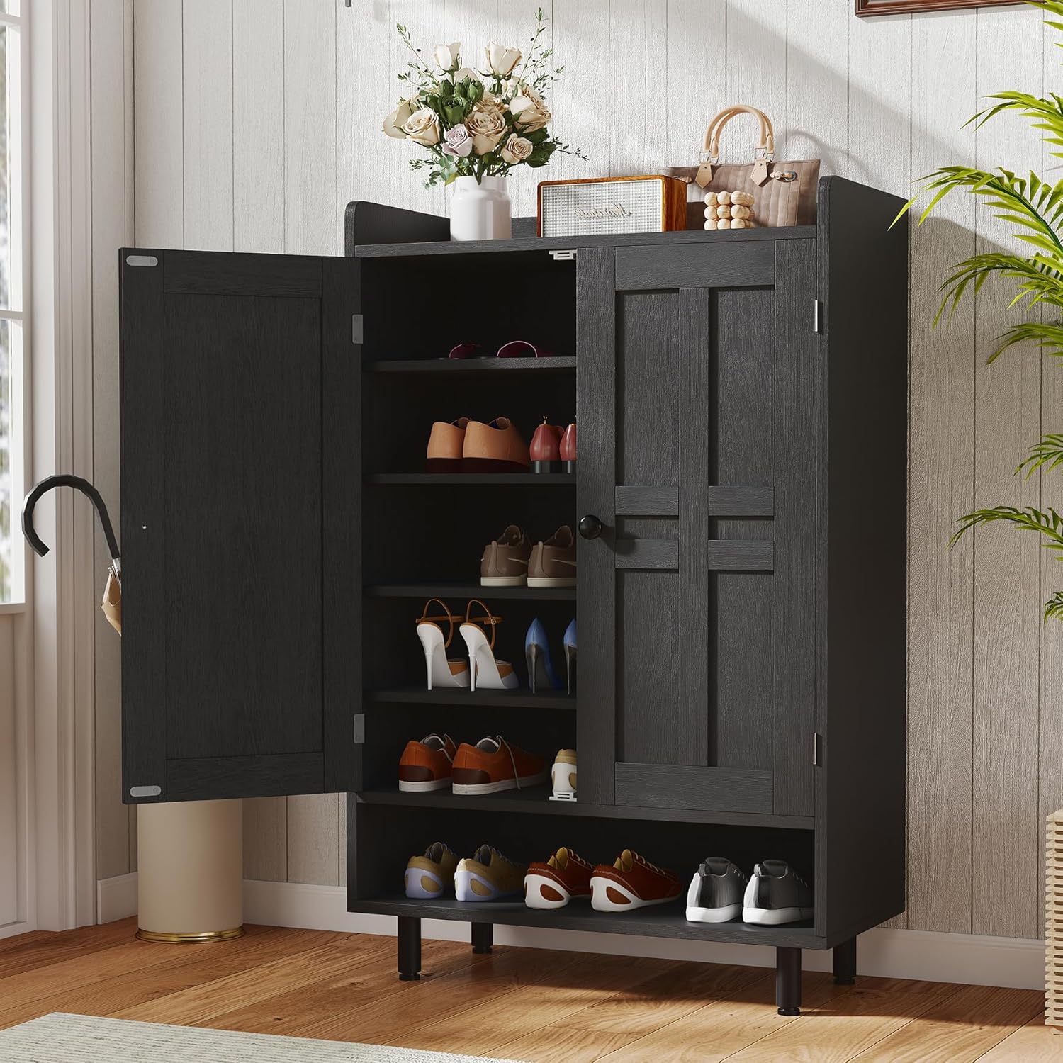 thumbnail video image 2 of Hawsaiy Entrance Shoe Cabinet with Doors, 6-Tier Farmhouse Shoe Storage Organizer with Adjustable Shelves, Holds 18-24 Pairs, Entryway Shoe Rack Cabinet with Metal Legs, 2 of 9