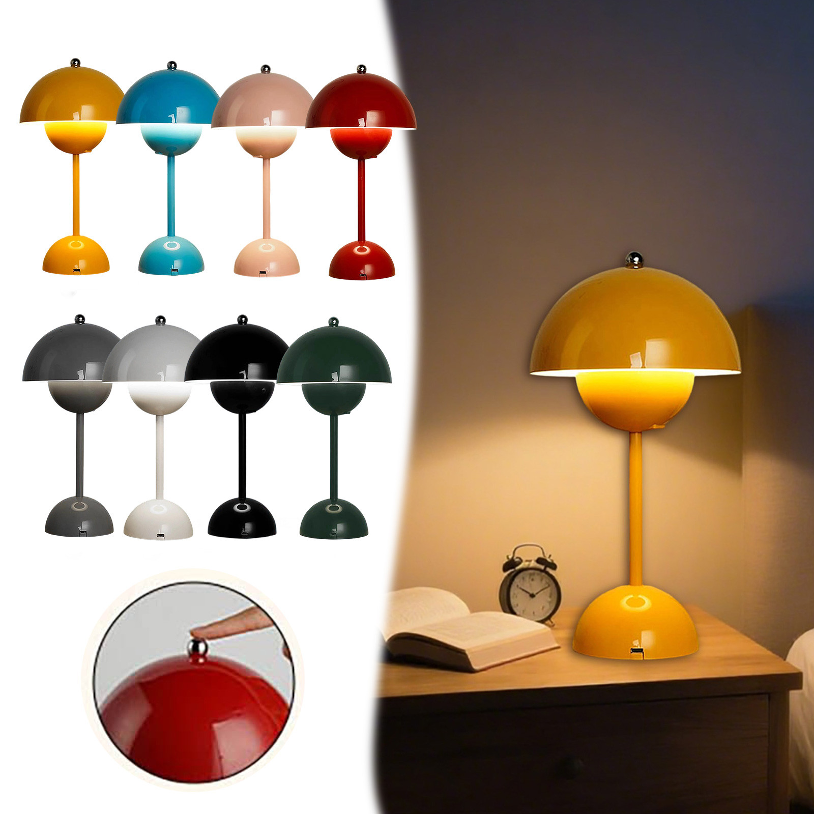 thumbnail video image 2 of Black Rechargeable Flower Bud Desk Lamp Touch Dimmable Night Light Minimalist Mushroom Table Lamp Retro Bedside Lamp for Bedroom, 2 of 5