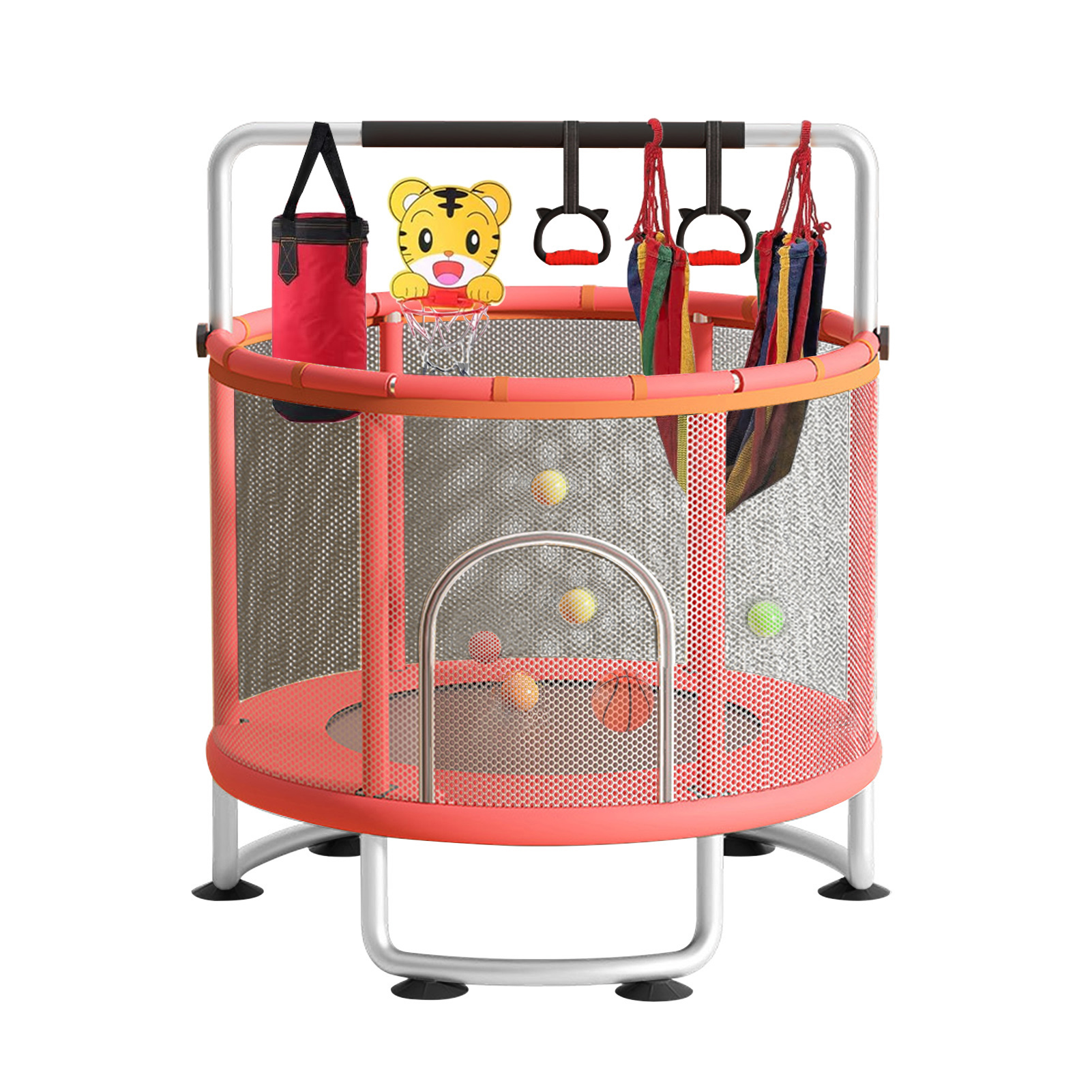 thumbnail video image 2 of zhikuangxia Kids Trampoline,Upgrade All In One 440lbs Toddler Trampoline with Net,Adjustable Baby Toddler Trampoline with Basketball Hoop,Swing, Sandbag, Ocean Balls,for 1-8 Years, 2 of 2