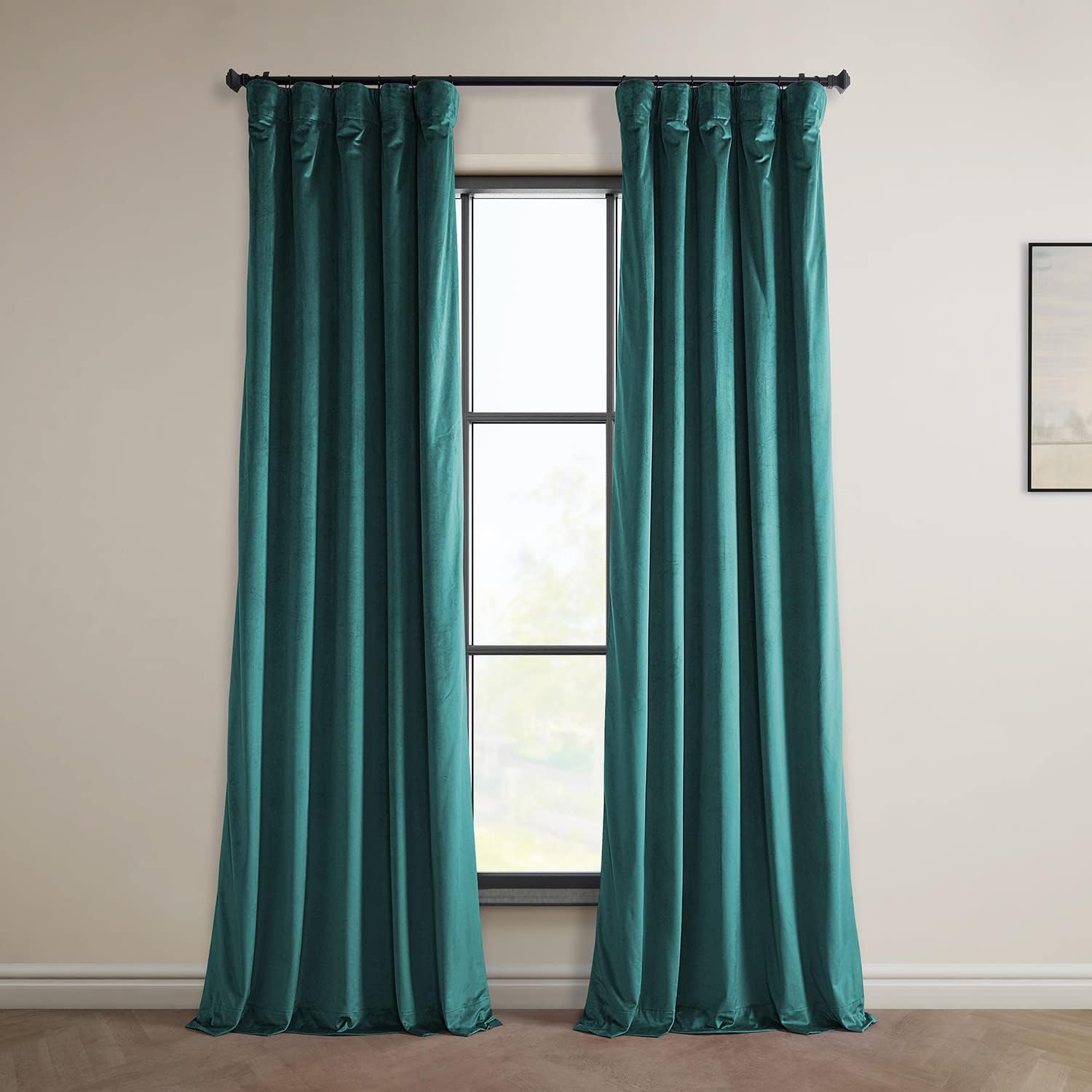 thumbnail video image 2 of Half Price Drapes Deep Sea Teal Heritage Plush Velvet Room Darkening Curtains (1 Panel), 50W X 96L, 2 of 13