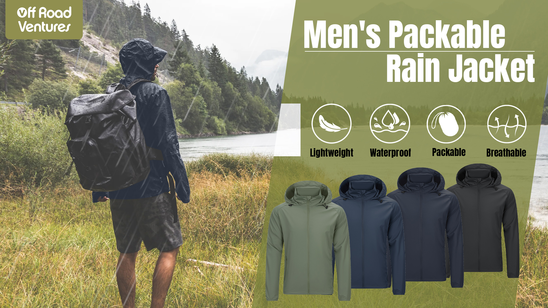 thumbnail video image 2 of Off Road Ventures Mens Packable Rain Jacket Waterproof Hooded Lightweight Windbreaker Raincoat for Outdoor Golf, 2 of 2