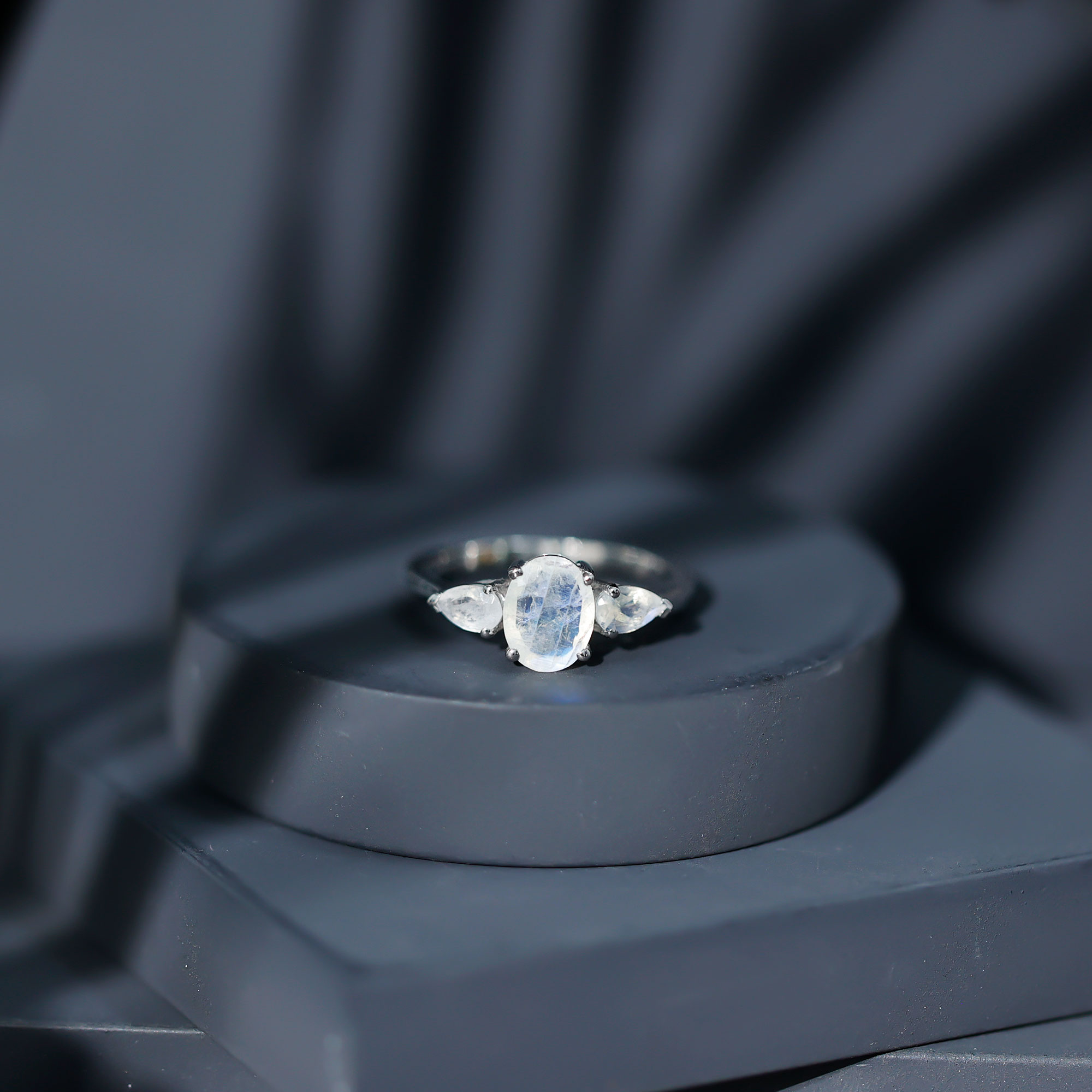 thumbnail video image 2 of Rosec Jewels 1 CT Moonstone Ring for Women, Three Stone Gold Ring, June Birthstone Ring, 14K White Gold, US 6.50, 2 of 8