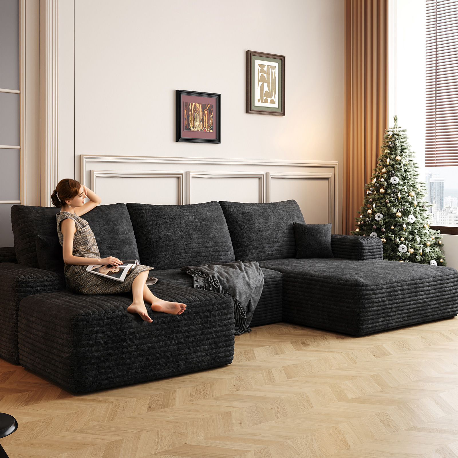 thumbnail video image 2 of 107.5" Cloud Modular Sectional Sofa with L-Shape Chaise, Modern Upholstered Couches for Living Room, Deep Seat Boneless Couch, No Assembly Required, Plush Corduroy Fabric (Green, Right Facing Chaise), 2 of 9