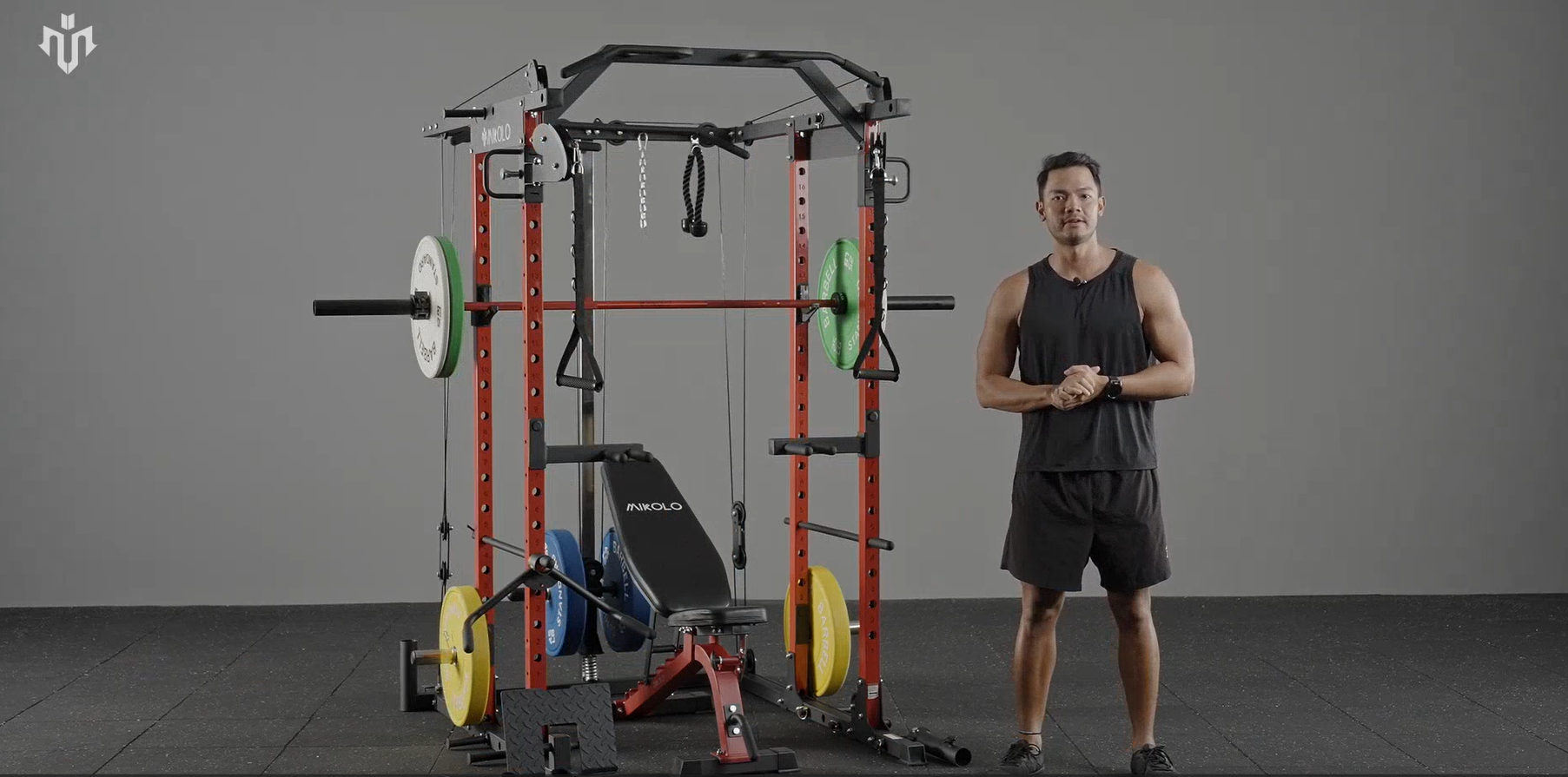 thumbnail video image 2 of Mikolo Power Rack Cage, 1500LBS Weight Cage with 800LB Capacity Adjustable Weight Bench, 1500LB Capacity Barbell and 230LB Weight Plate set Black, 2 of 13