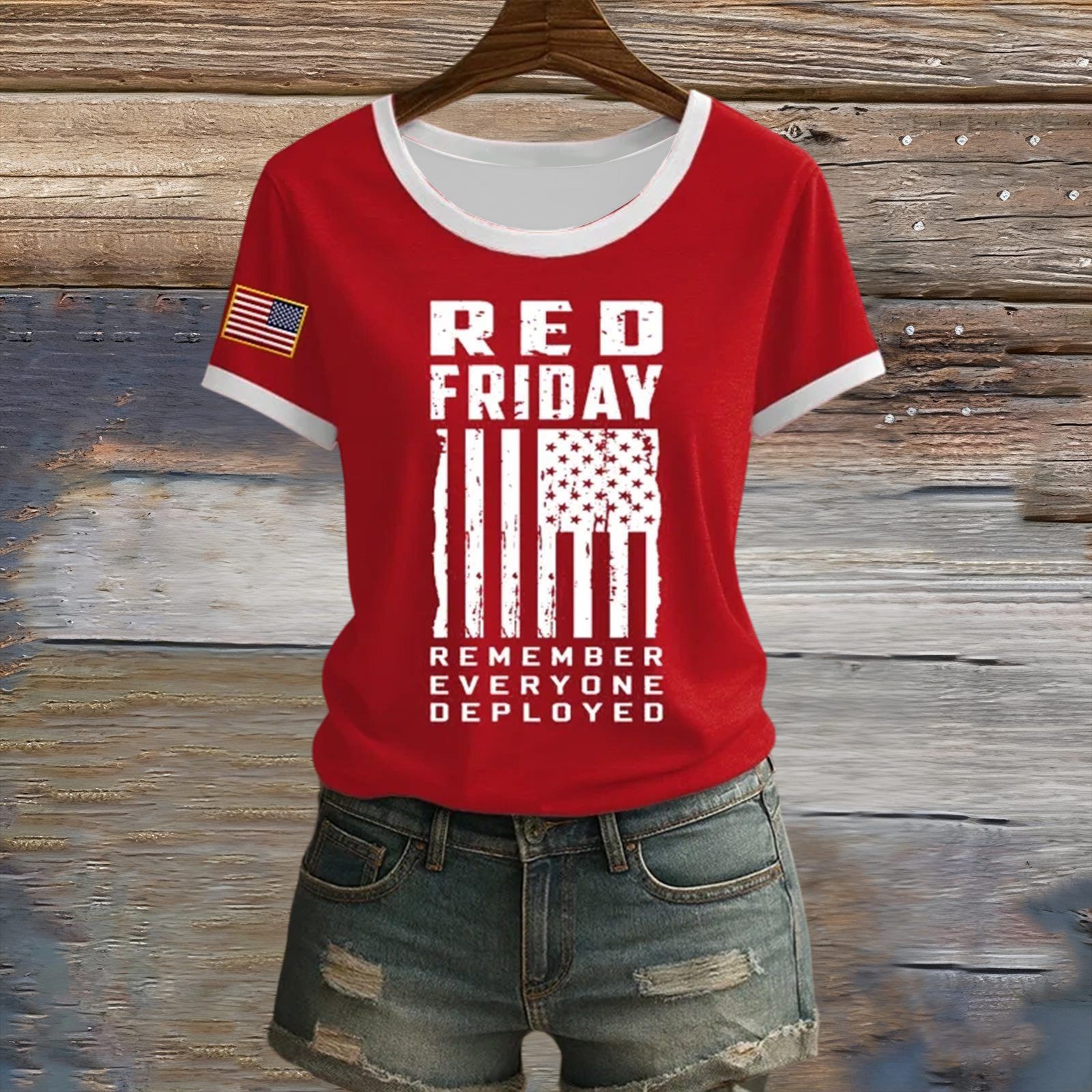 thumbnail video image 2 of FUZHIQ Women's R.E.D. Remember Everyone Deployed Crewneck T-Shirt Patriotic American Flag Star Print Contrast Short Sleeve Casual Graphic Tee for RED Friday Military Support,M, 2 of 4