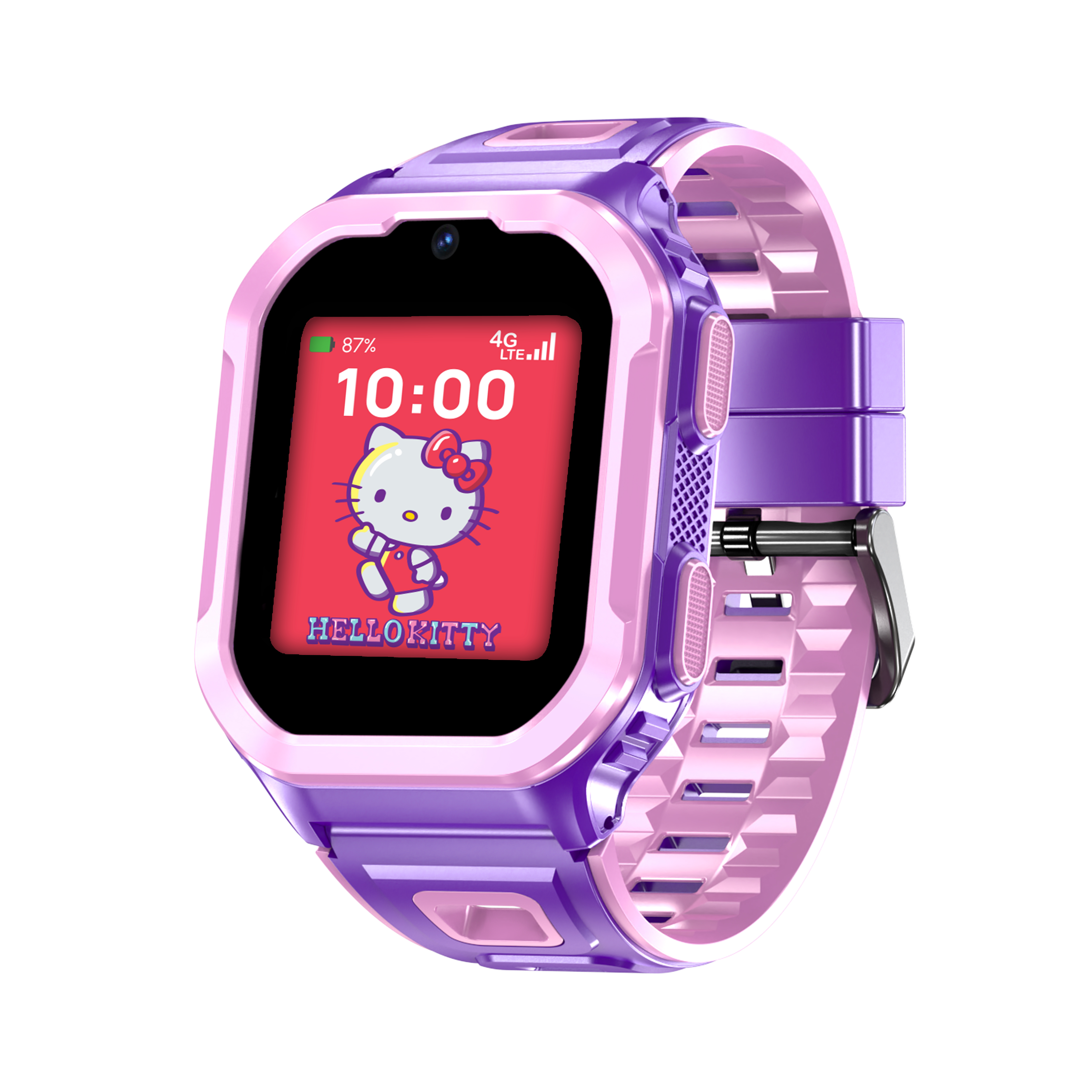 thumbnail video image 2 of Hello Kitty iTime 4G Kid's Smart Watch with Calling, Messaging, GPS Tracking, & Secure Monitoring, No SIM Card, Purple, 2 of 12