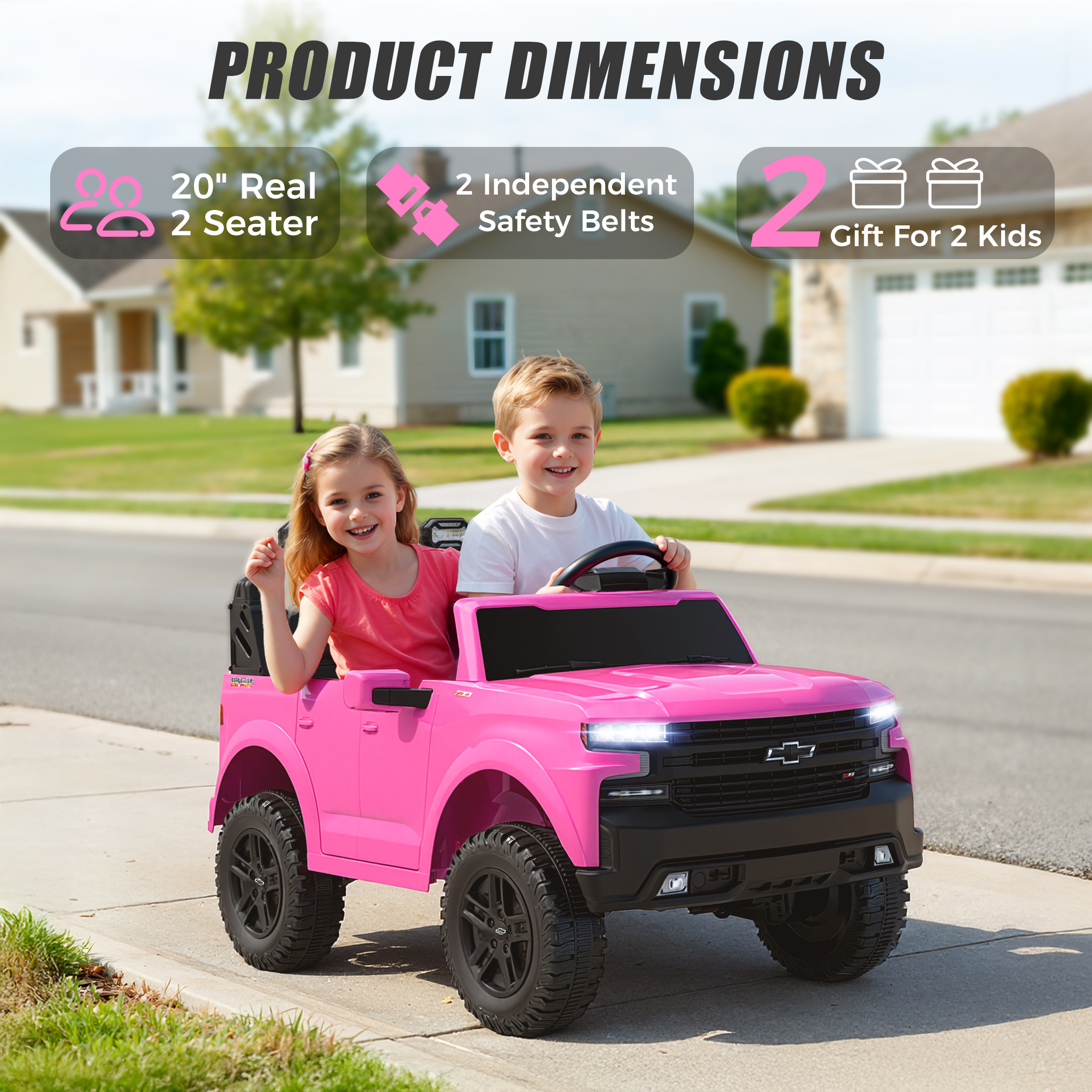 thumbnail video image 2 of 24V 2 Seater Ride on Car for Kids, Licensed Chevrolet Silverado Ride on Toys Truck with Remote Control, Bluetooth, LED Lights, Kids Cars Electric Vehicles for Boys Girls Ages 3-8 Gifts, Pink, 2 of 10