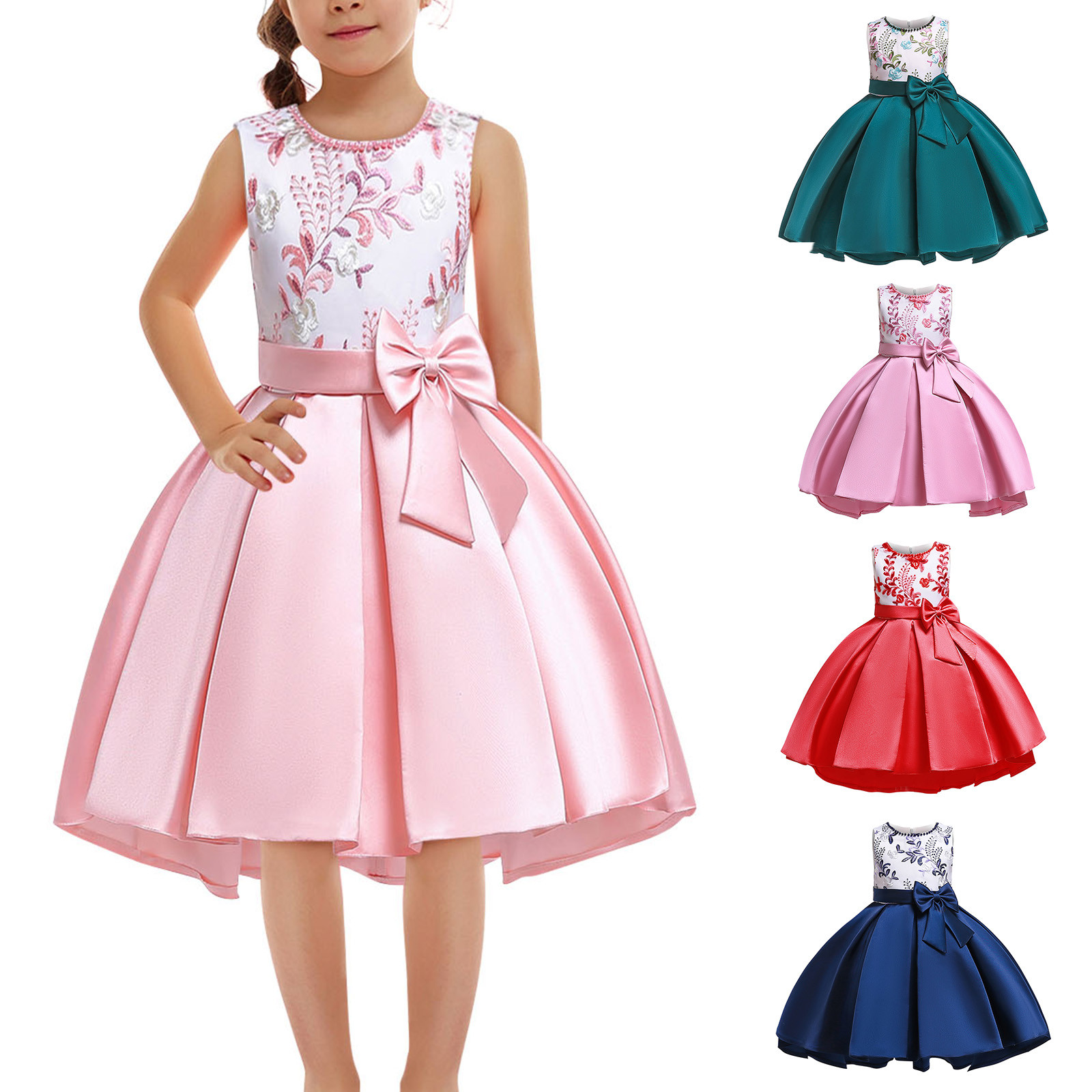 thumbnail video image 2 of WREESH Toddler Girls Birthday Party Gowns Pearl Embroidery Bowknot Flowers Dress Kids Solid Color Dresses Baby Clothes Green, 2 of 10