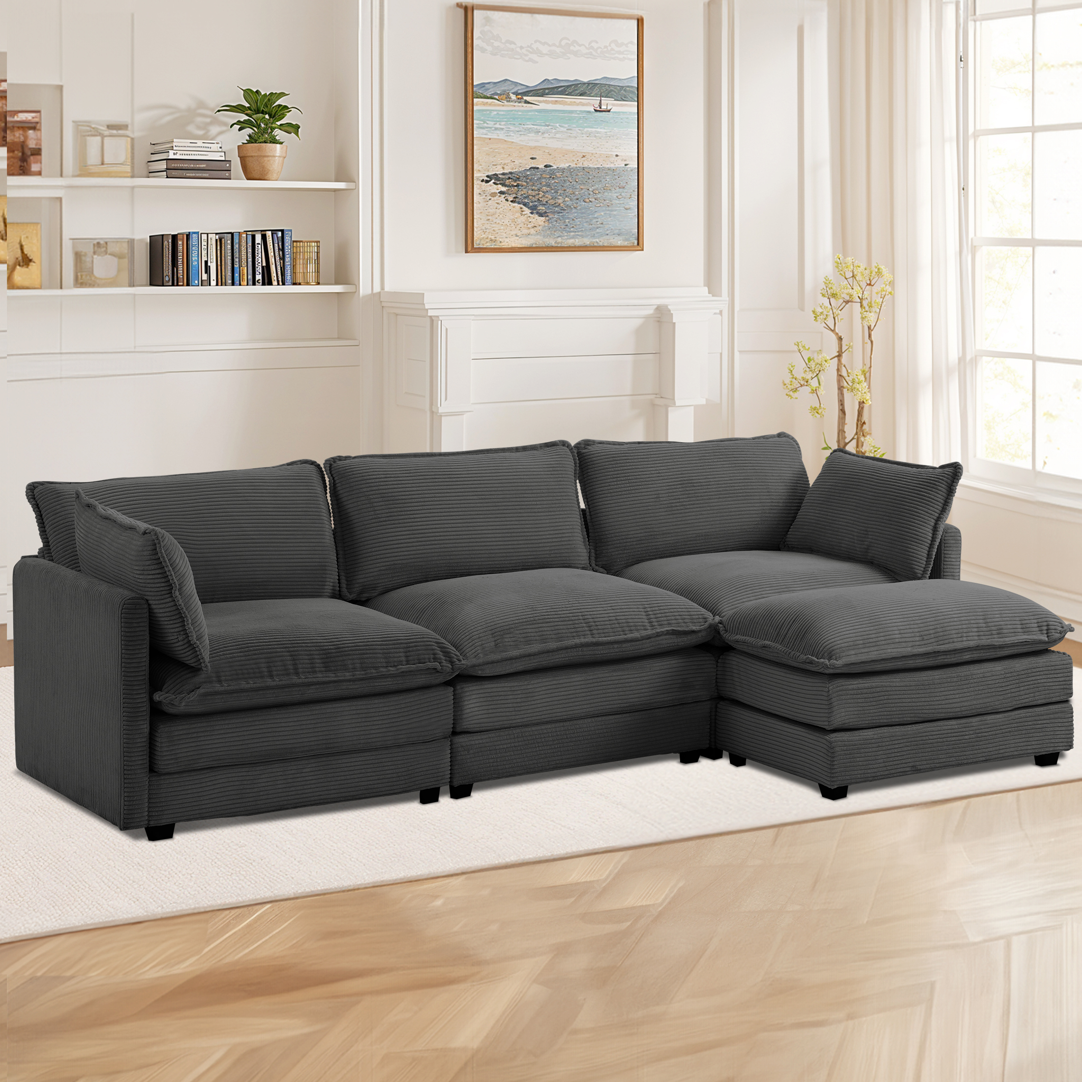 thumbnail video image 2 of WISHEAD 112" L  Shape Sectional Couches for Living Room，Corduroy Sectional Sofas Couches with 2 Movable Ottoman，high-density sponge (Yellow), 2 of 10