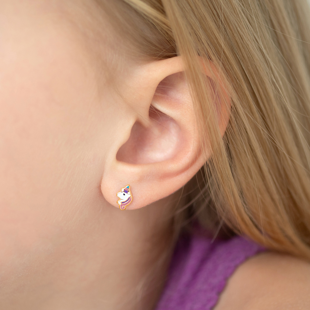 thumbnail video image 2 of 14k Yellow Gold Pastel Enamel Unicorn Screw Back Earrings for Little Girls, 2 of 6
