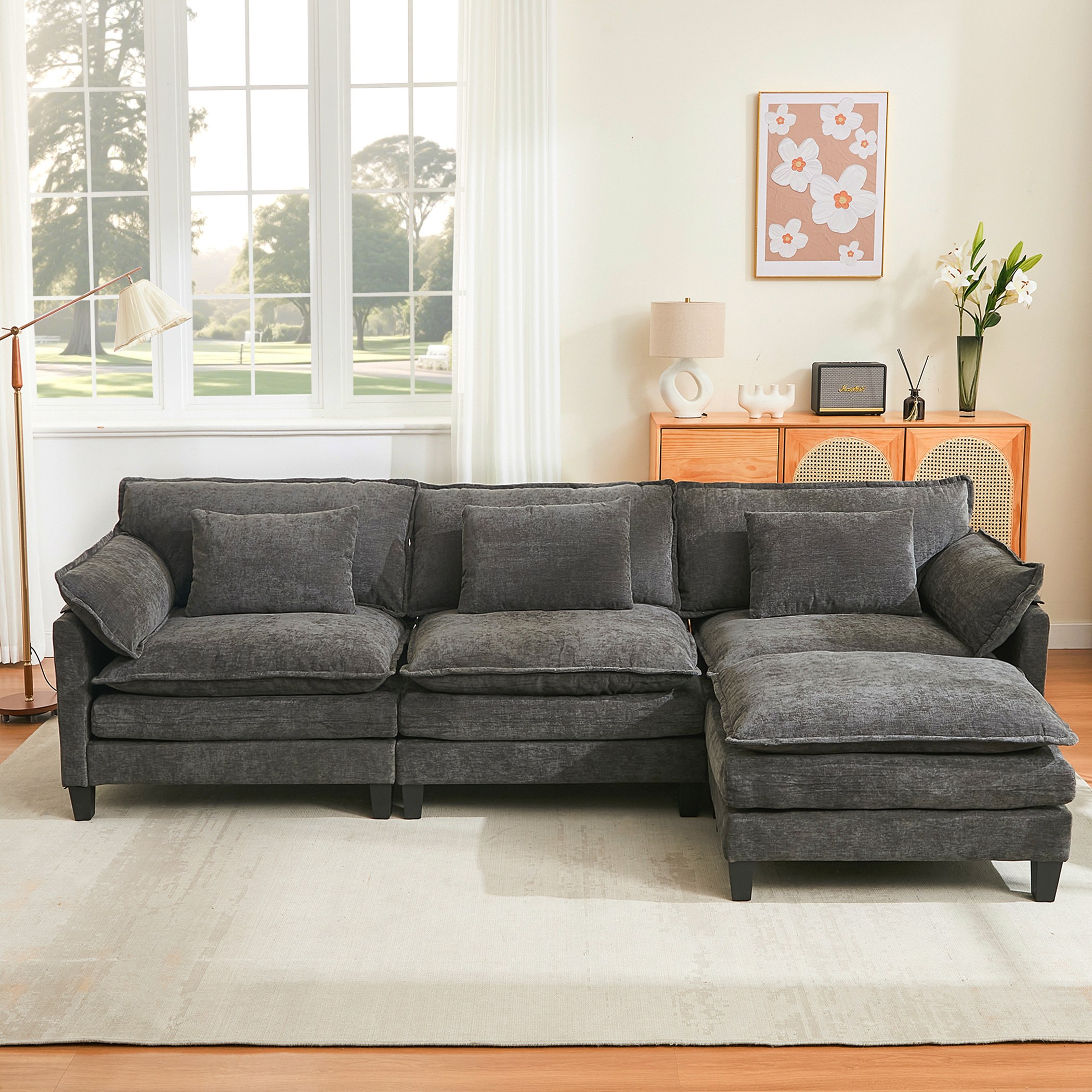 thumbnail video image 2 of JONPONY 111" Cloud Couch,L Shaped Modular Sectional Sofa with Movable Ottoman,3 Oversized Seats Sleeper Couches for Living Room,Gray, 2 of 11