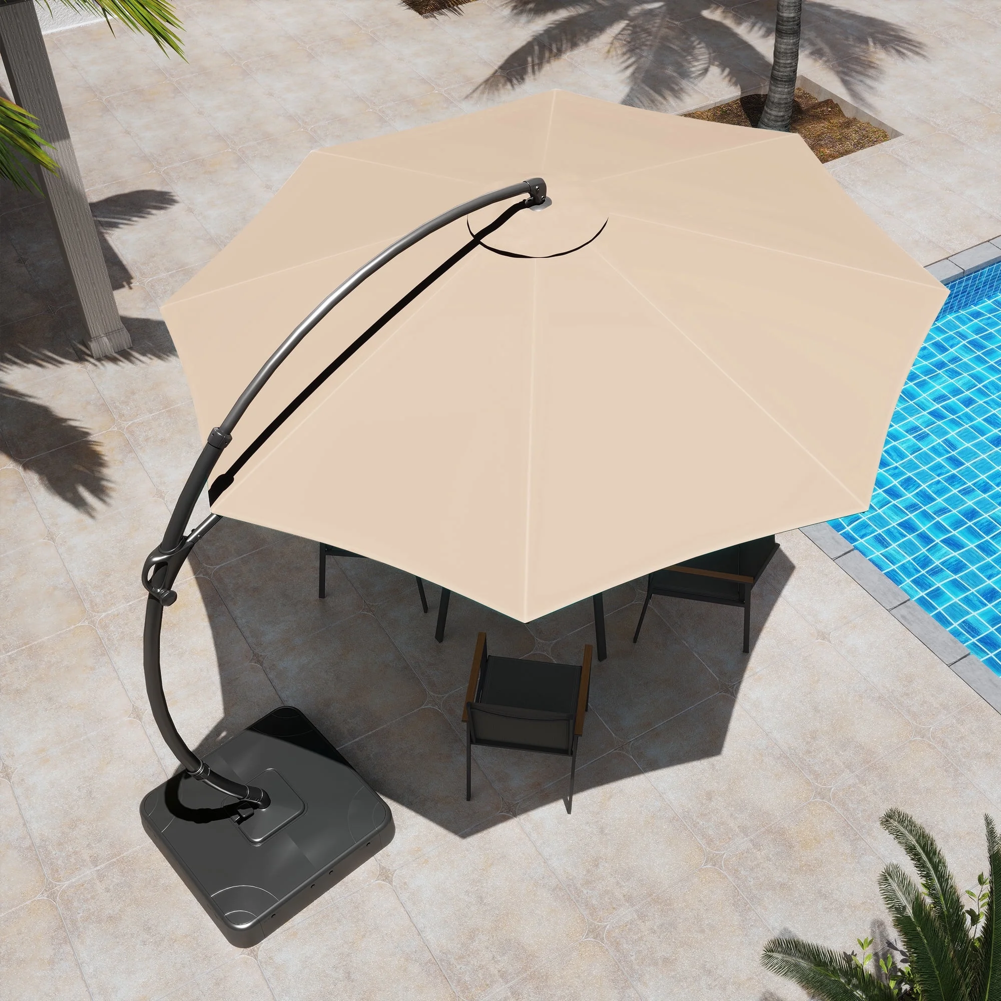 thumbnail video image 2 of LAUSAINT HOME 11FT Patio Umbrella with Base, Outdoor Deluxe Curvy Cantilever Umbrella for Patio Pool Deck, Champagne, 2 of 11