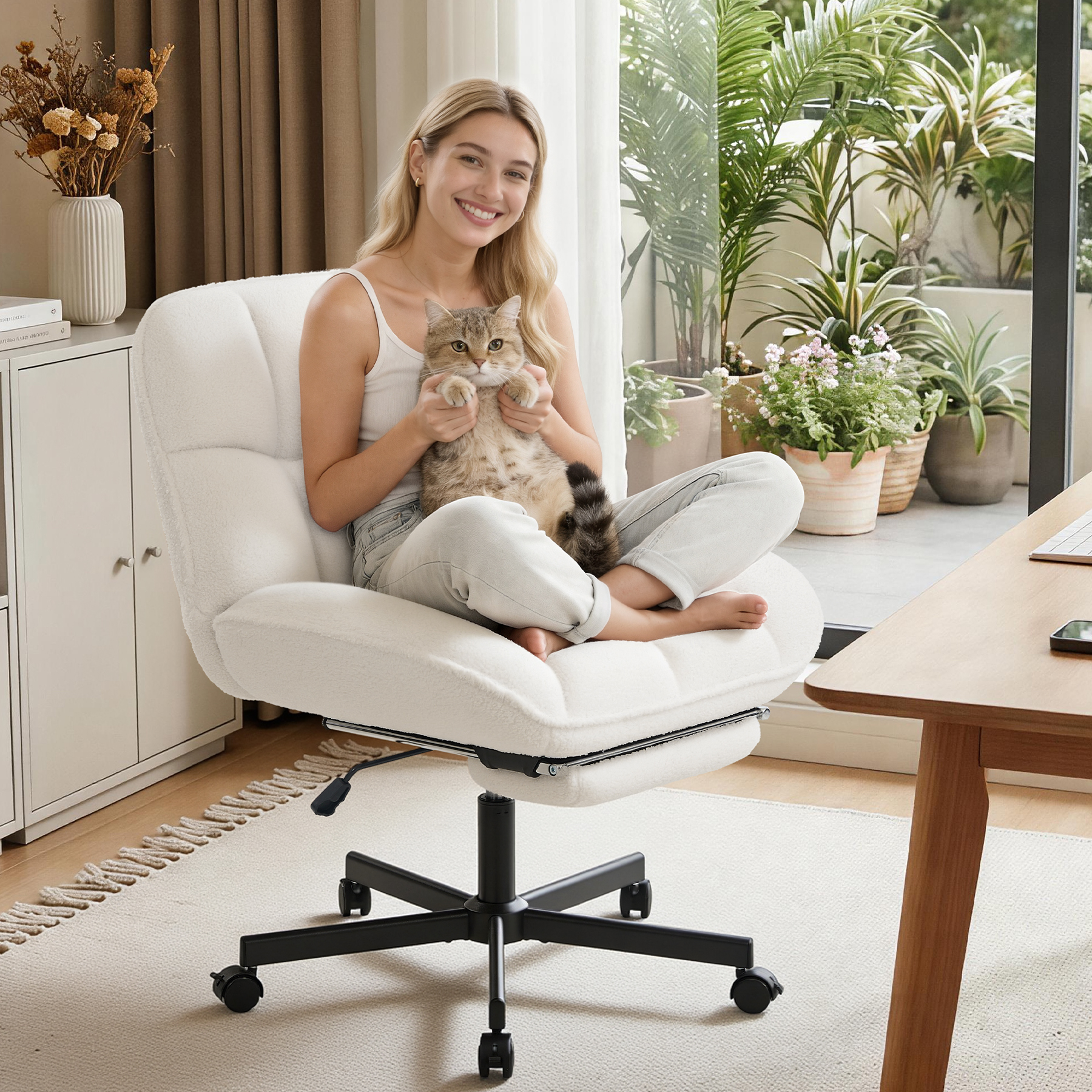 thumbnail video image 2 of Hawsaiy Criss Cross Office Chair with Footrest, Oversized Sherpa Cross Legged Desk Chair, Height Adjustable Swivel Vanity Chair for Home Office Bedroom, Gray, 2 of 10