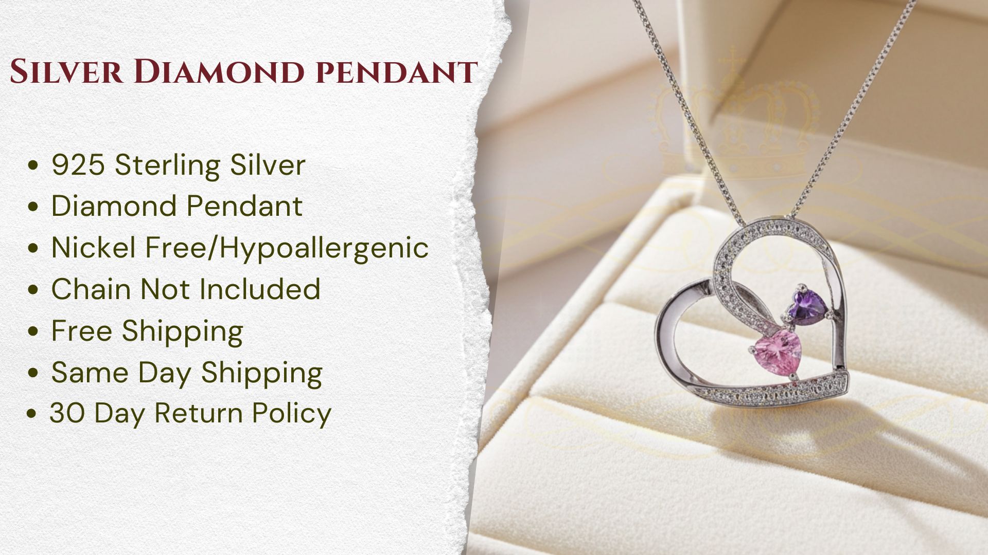 thumbnail video image 2 of King of Bling's Two Stones Pink Blue Heart Solitaire 0.1ct Silver Diamonds White Charm Pendant, 2 of 2